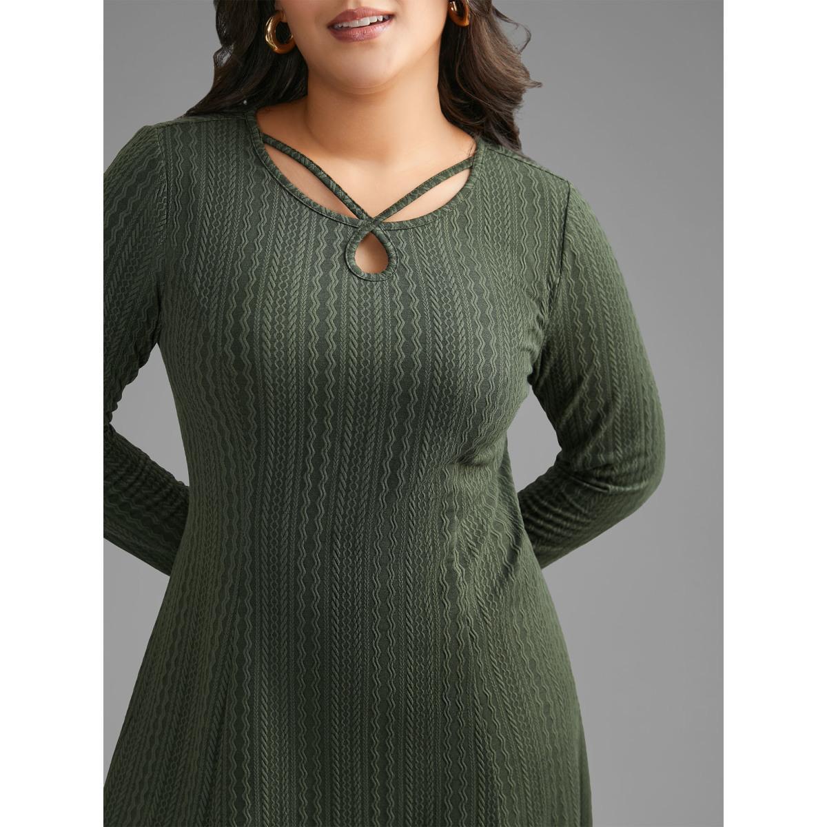 Plus Size Plain Textured Keyhole Knit Dress ArmyGreen Women Casual Texture Knit Dresses Bloomchic 14-16/1X Product Image
