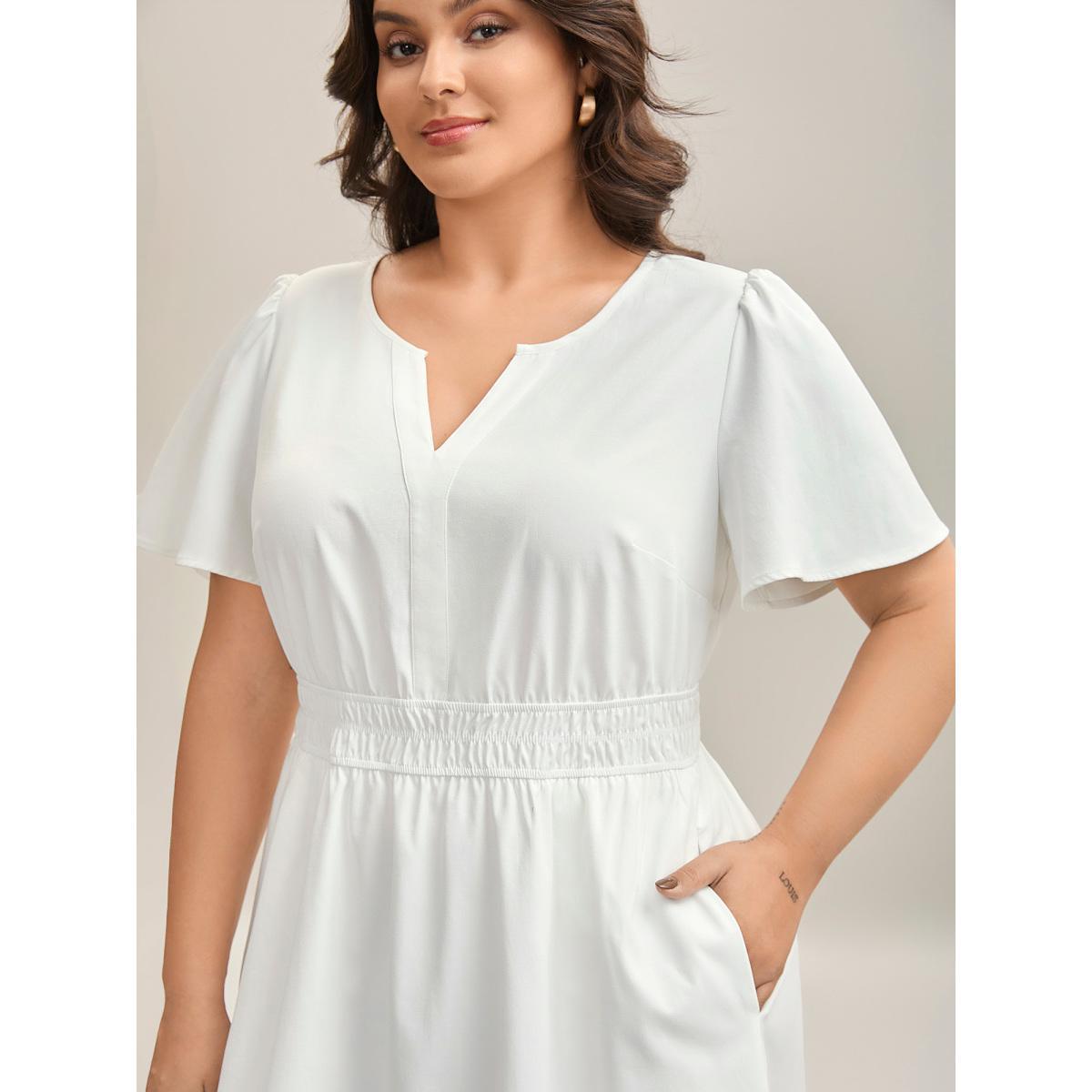 Plus Size Woven Shirred Waist Split Neck Midi Dress Originalwhite Women Flat collar with V-notch Short sleeve Curvy BloomChic 12/L Product Image
