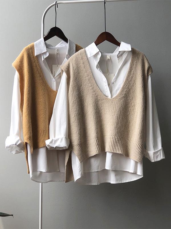 Knitting Irregularity Solid V-Neck Vest Product Image