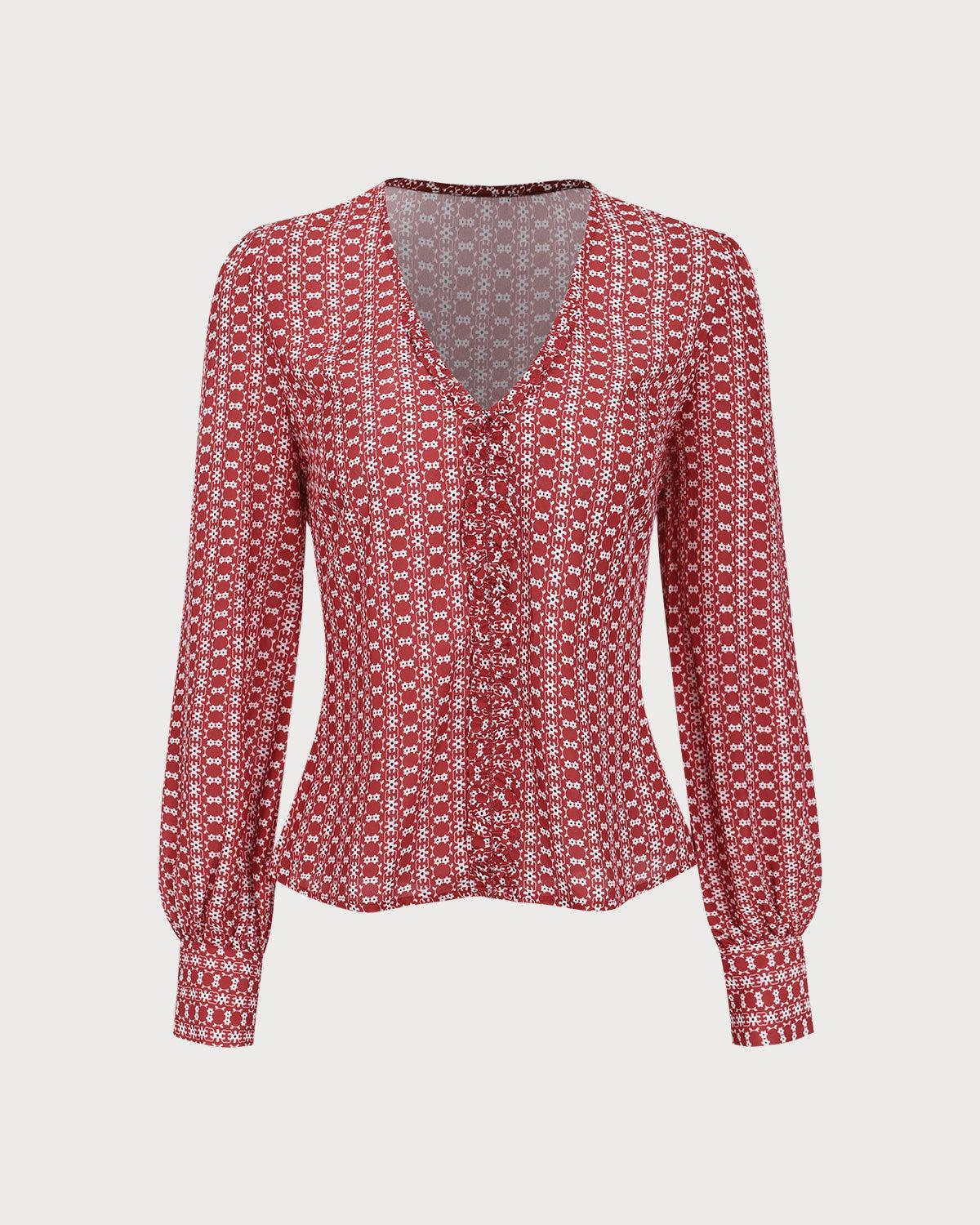 Red Floral V Neck Blouse Product Image