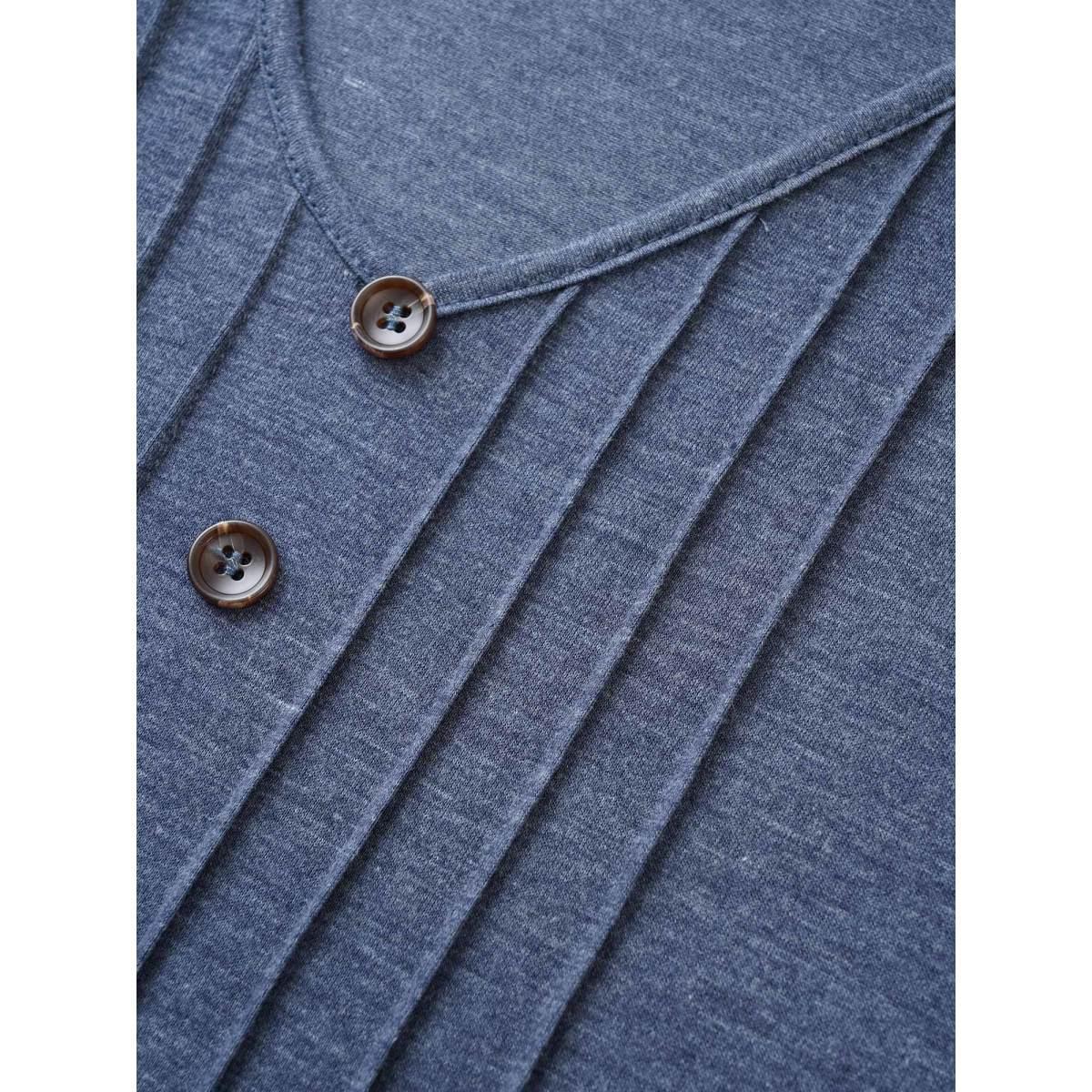 Plus Size Solid Pleated Front Button Detail V Neck T-shirt Stone Women Casual Button Plain Everyday T-shirts BloomChic 22-24/3X Product Image