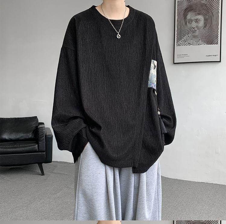 Long-Sleeve Crewneck Applique Asymmetrical T-Shirt Product Image