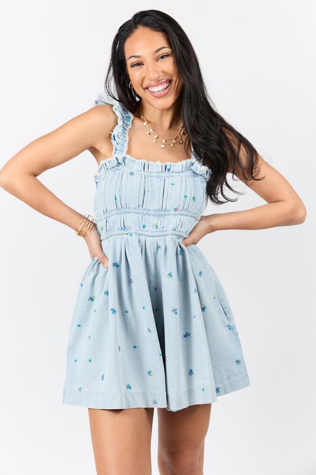 Big Sky Light Wash Denim Embroidered Romper SALE Product Image