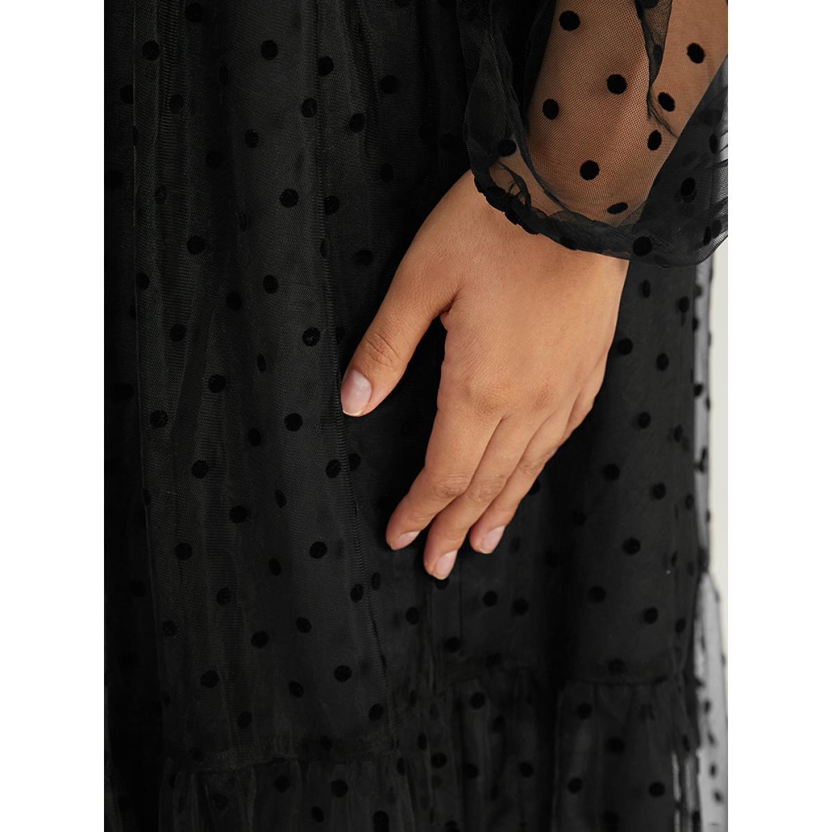 Plus Size Polka Dot Mesh Pocket Square Neck Dress Black Women Elegant Texture Square Neck Long Sleeve Curvy Midi Dress BloomChic 26/4X Product Image