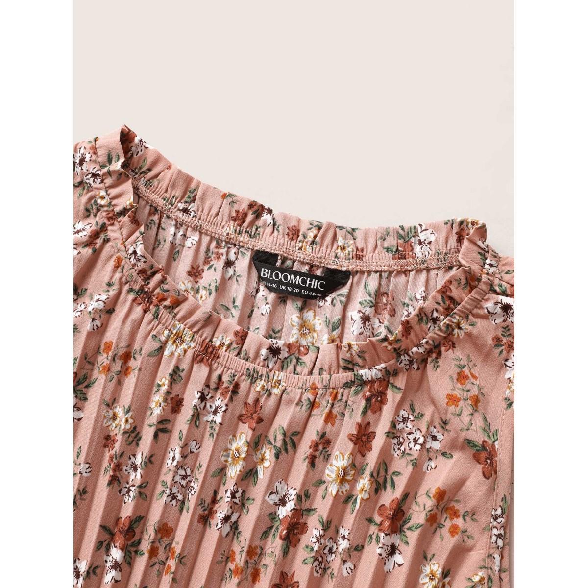 Plus Size Ditsy Floral Pleated Frill Trim Sleeveless Dress Crepe Women Elegant Frill Trim Mock Neck Sleeveless Curvy BloomChic 18-20/2X Product Image