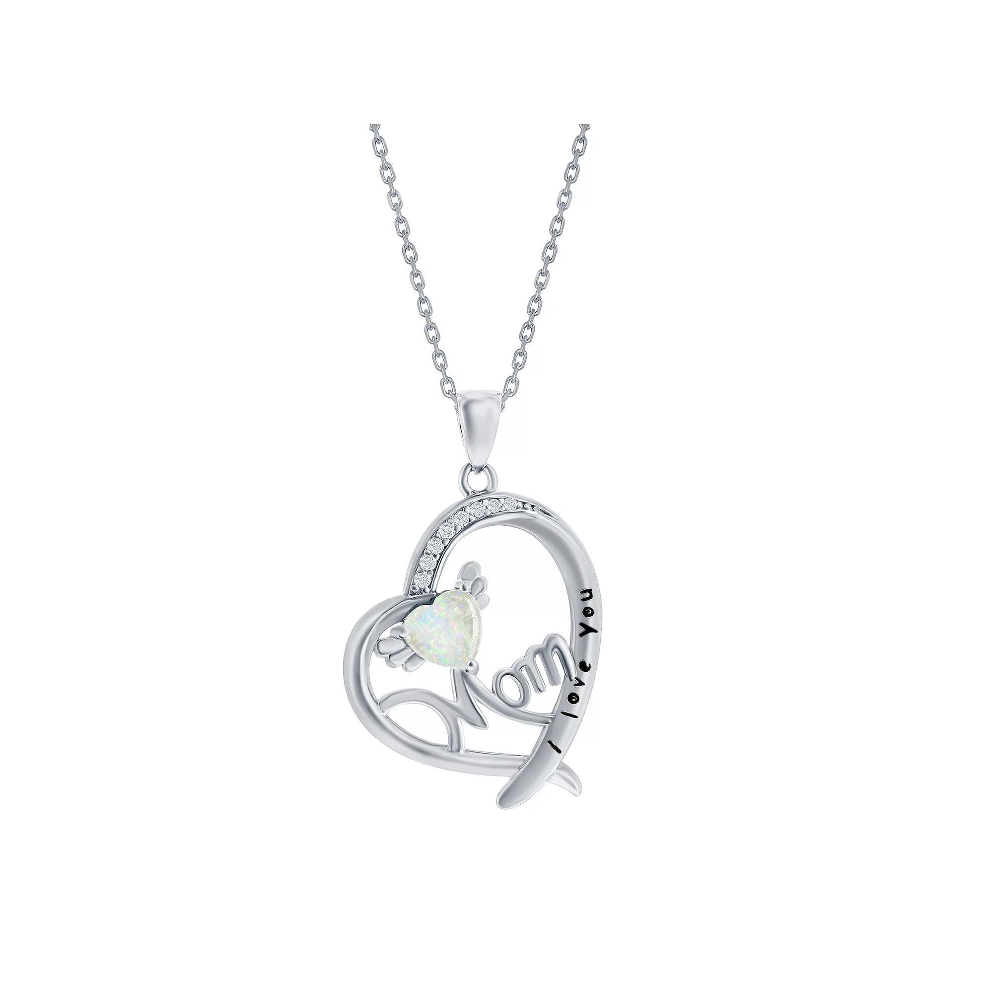 Sterling Silver Opal & Cubic Zirconia Mom "I Love You" Heart Pendant Necklace, Women's, Size: 18", White Product Image
