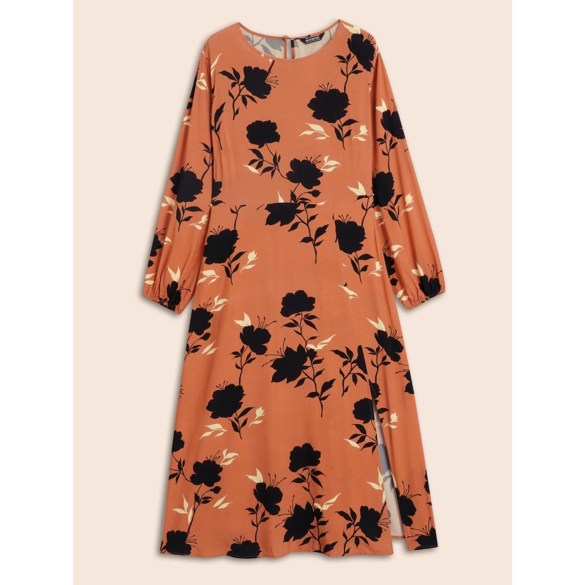 Plus Size Silhouette Floral Print Lantern Sleeve Slit Hem Dress Coral Women Elegant Slit Round Neck Long Sleeve Curvy BloomChic 14-16/1X Product Image
