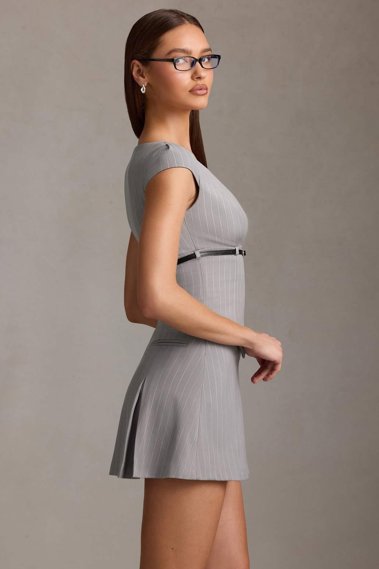 Pinstripe Pleated Waistcoat Mini Dress in Grey Product Image
