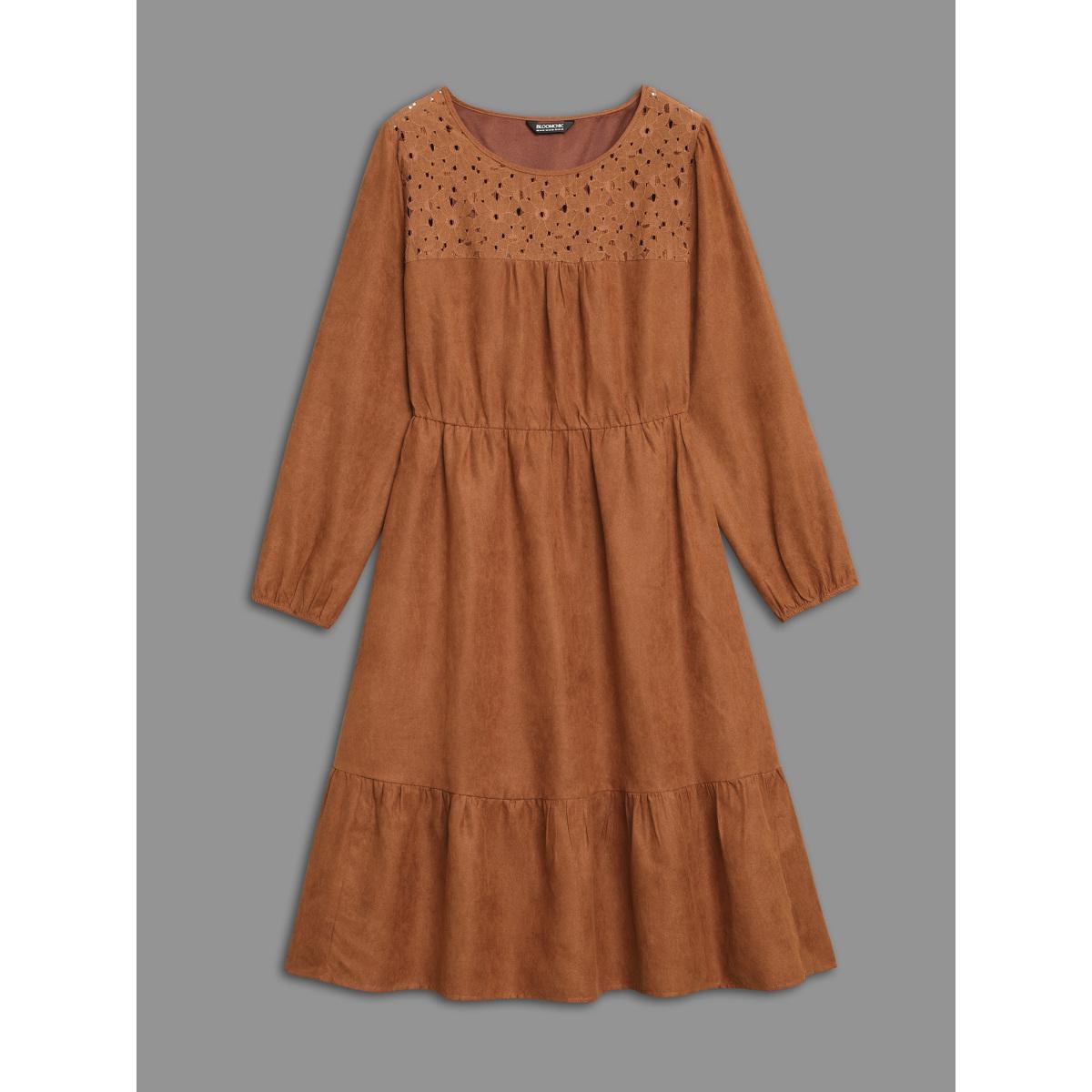 Plus Size Faux Suede Lace Panel Lantern Sleeve Dress Yellowishbrown Women Elegant Texture Round Neck Long Sleeve Curvy BloomChic 30/6X Product Image