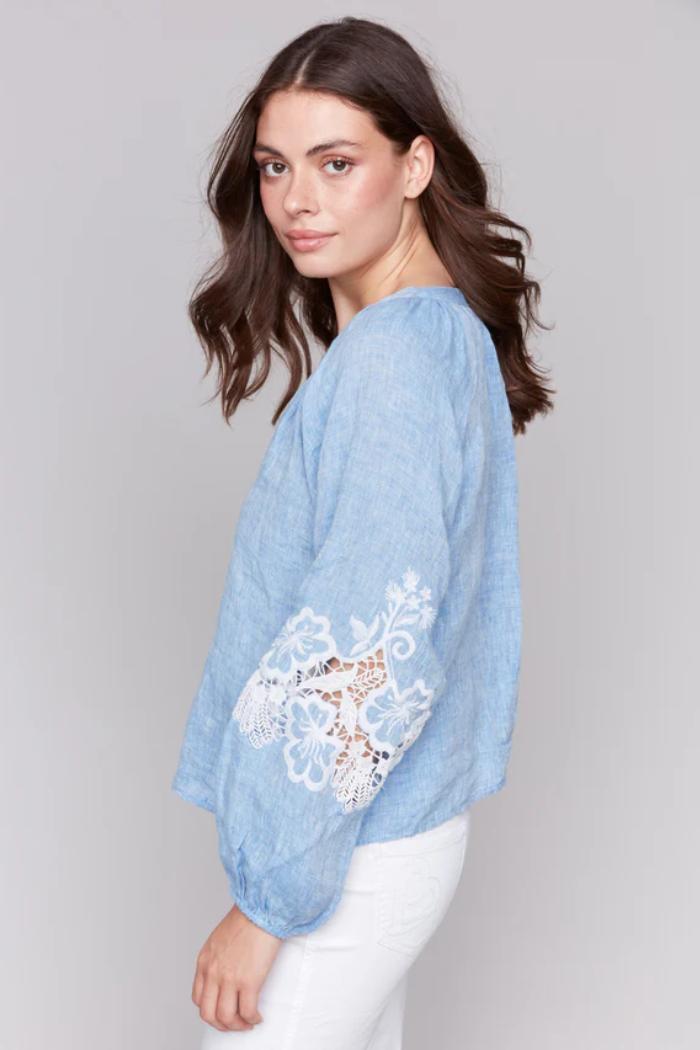 Cotton-Linen Button-Front Blouse with Embroidery Product Image