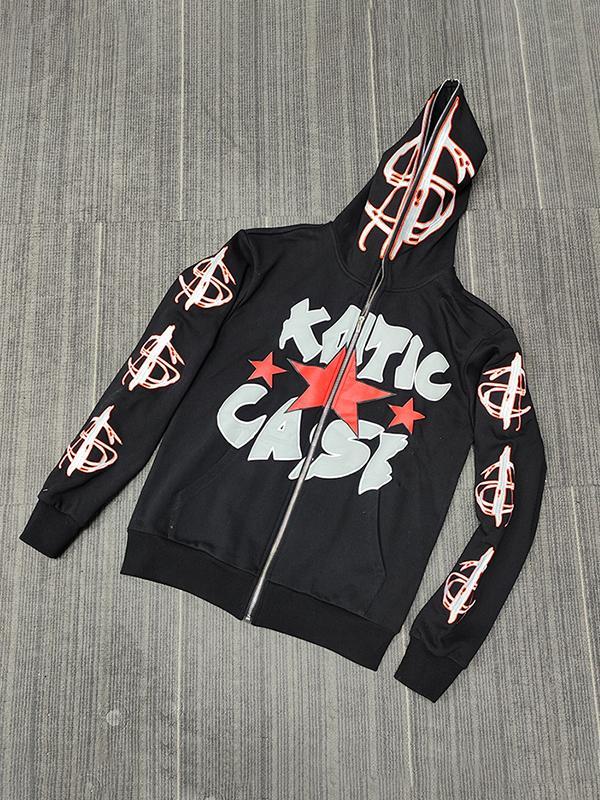 Men's Hip Pop Letter Print Full Zip Oversized Hoodie Product Image