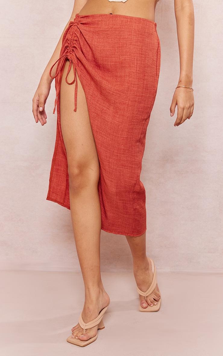 Rust Woven Marl Ruched Side Midi Skirt Product Image