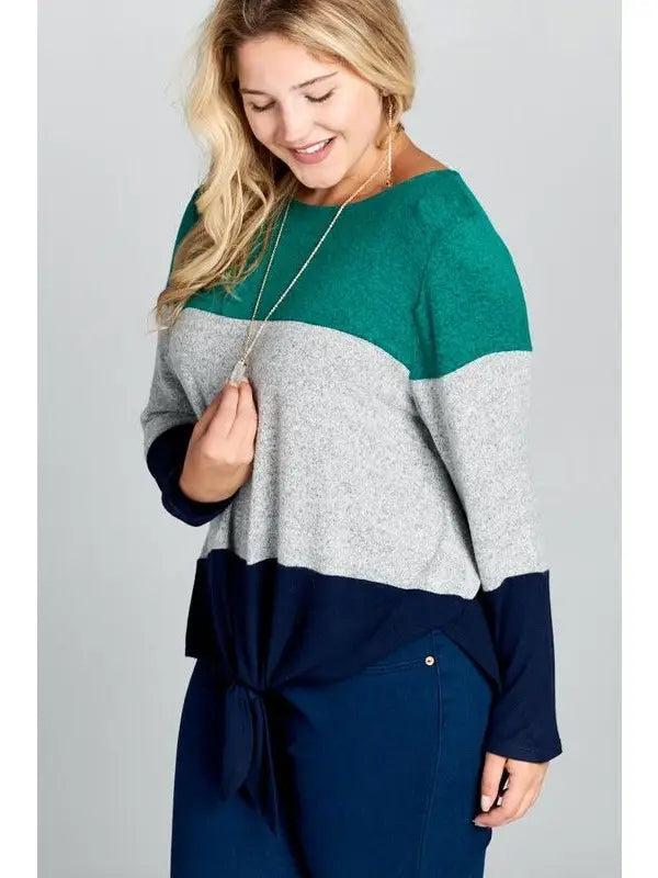 Emerald Gray and Navy Plus Size Hacci Brush Colorblock Front Knot Top Female Product Image