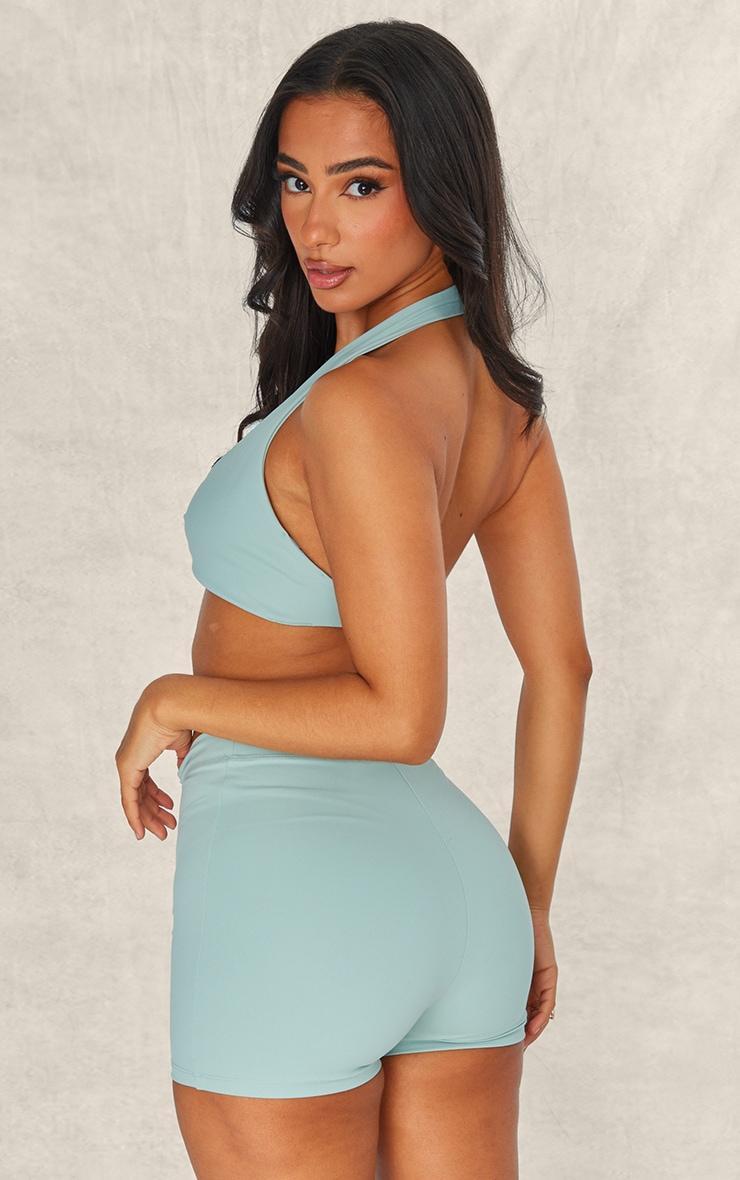 Petite Green Snatched Sculpt Halterneck Twist Front Crop Top Product Image