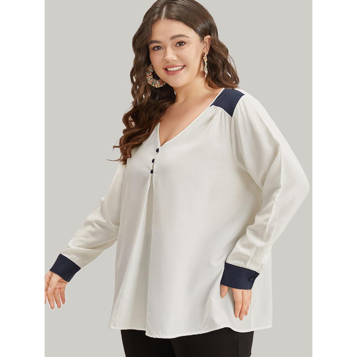 Plus Size Ivory Contrast Patchwork Plicated Button Detail Blouse Women Office Long Sleeve V-neck Work Blouses BloomChic 18-20/2X Product Image
