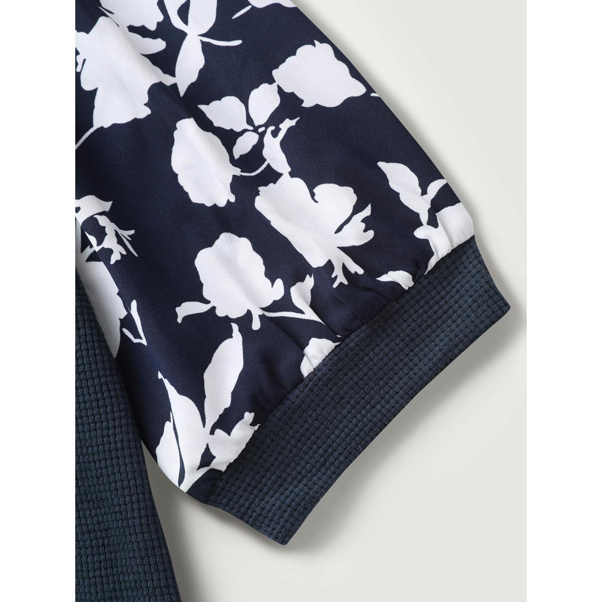 Plus Size Textured Floral Puffy Sleeve Sweatshirt Women Indigo Texture Round Neck Everyday-Elegant Sweatshirts BloomChic 22-24/3X Product Image