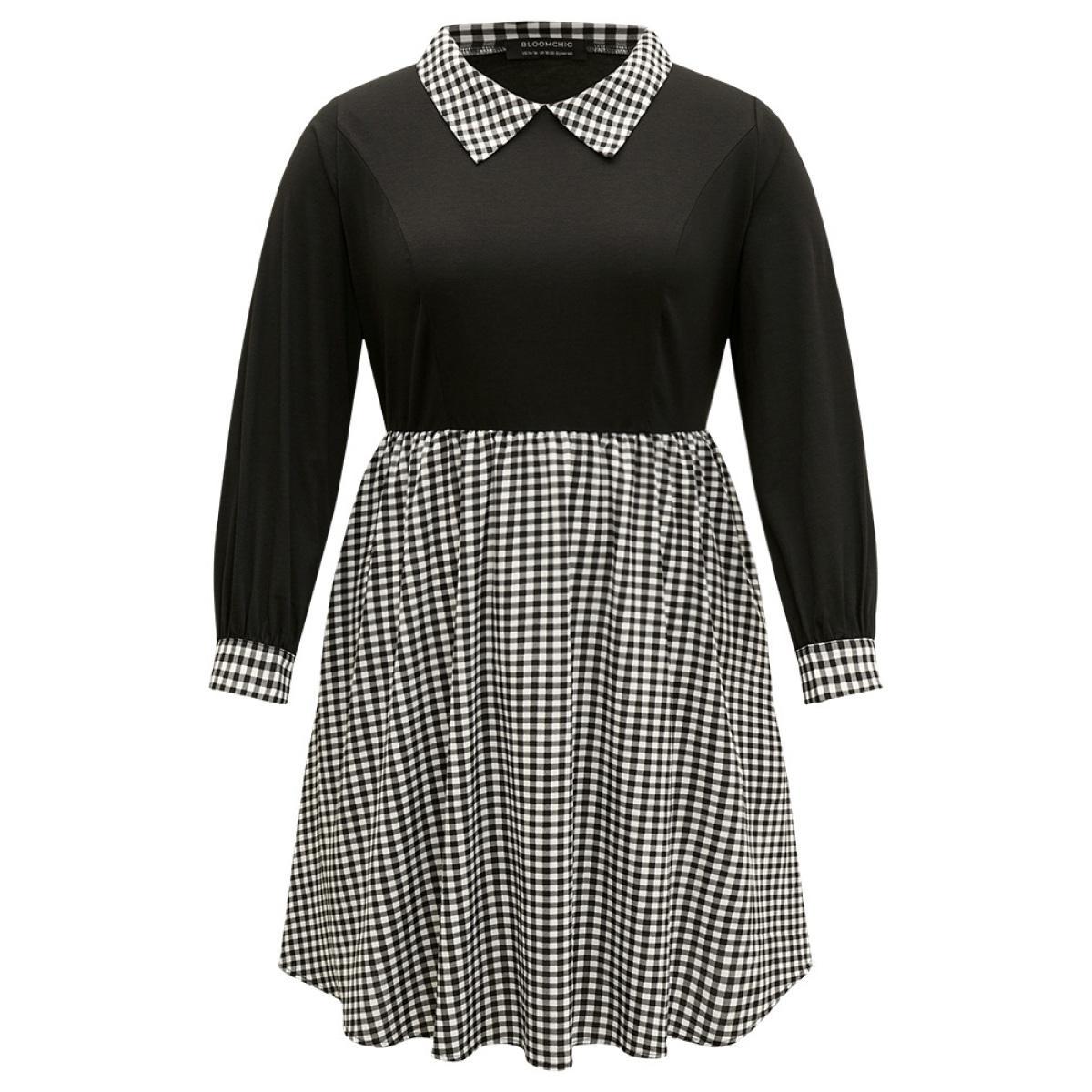 Plus Size Gingham Patchwork Pocket Shirt Collar Dress Black Women Office Patchwork Shirt collar Long Sleeve Curvy Midi Dress BloomChic 10/M Product Image
