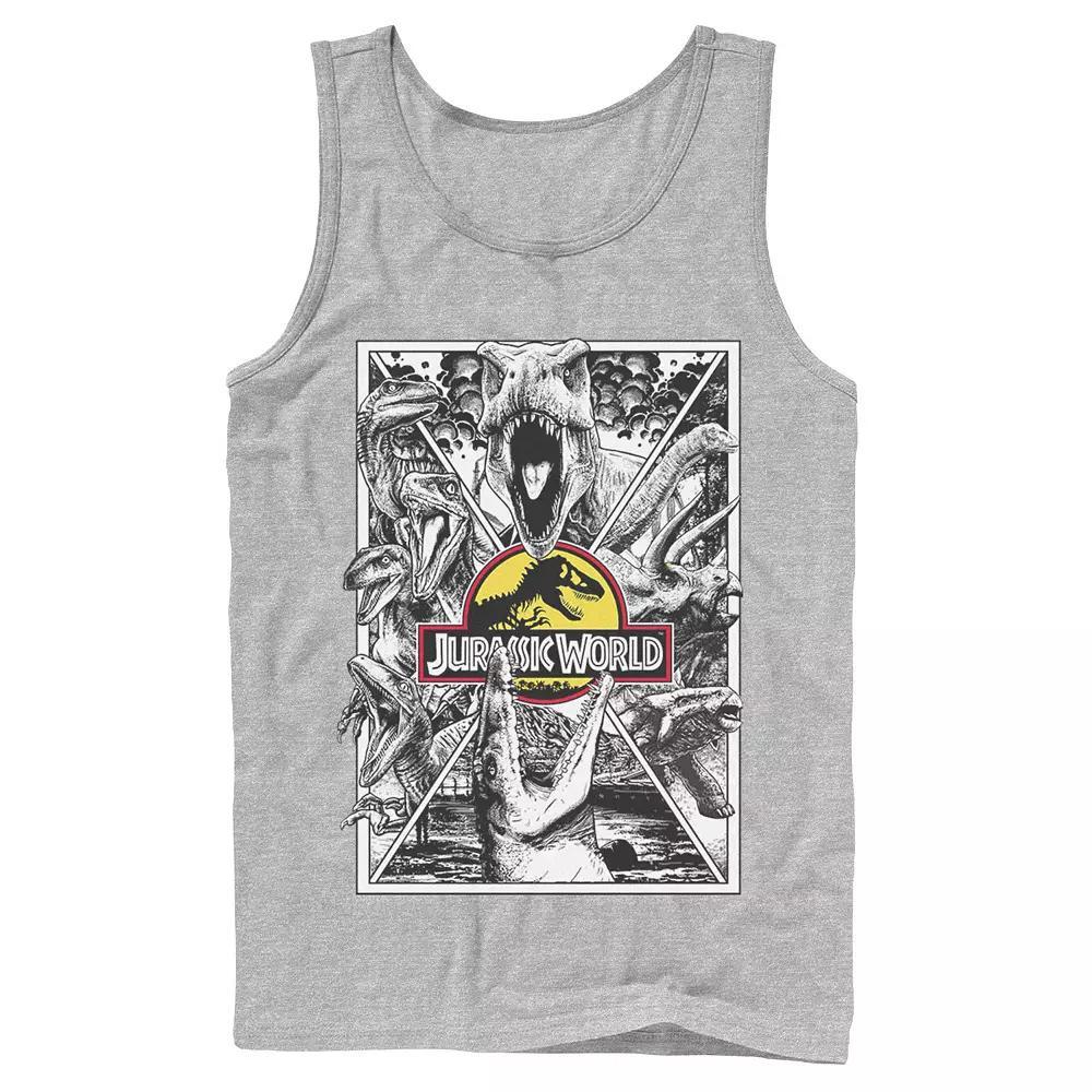 Mens Jurassic World Black and White Comic Dinos Graphic Tank Top Athletic Grey Product Image