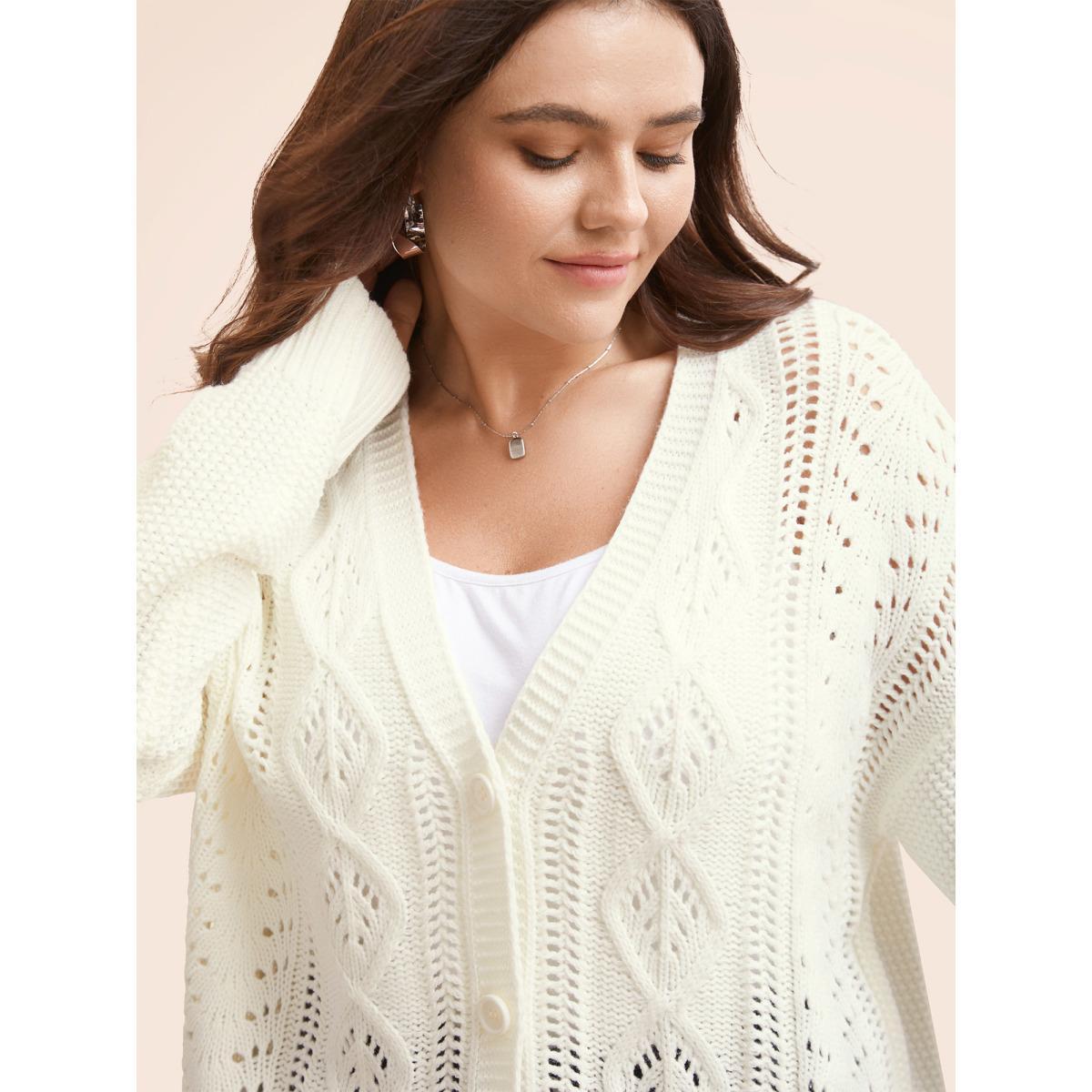 Plus Size Solid Hollow Out Button Up Cardigan Apricot Women Casual Loose Long Sleeve Everyday Cardigans BloomChic 28/5X Product Image