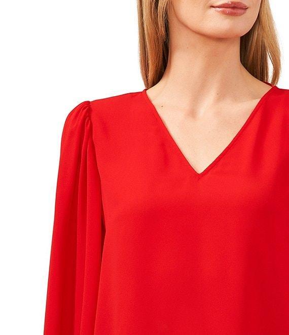 CeCe V-Neck Long Peasant Sleeve Smocked Cuff Heavy Georgette Blouse Product Image