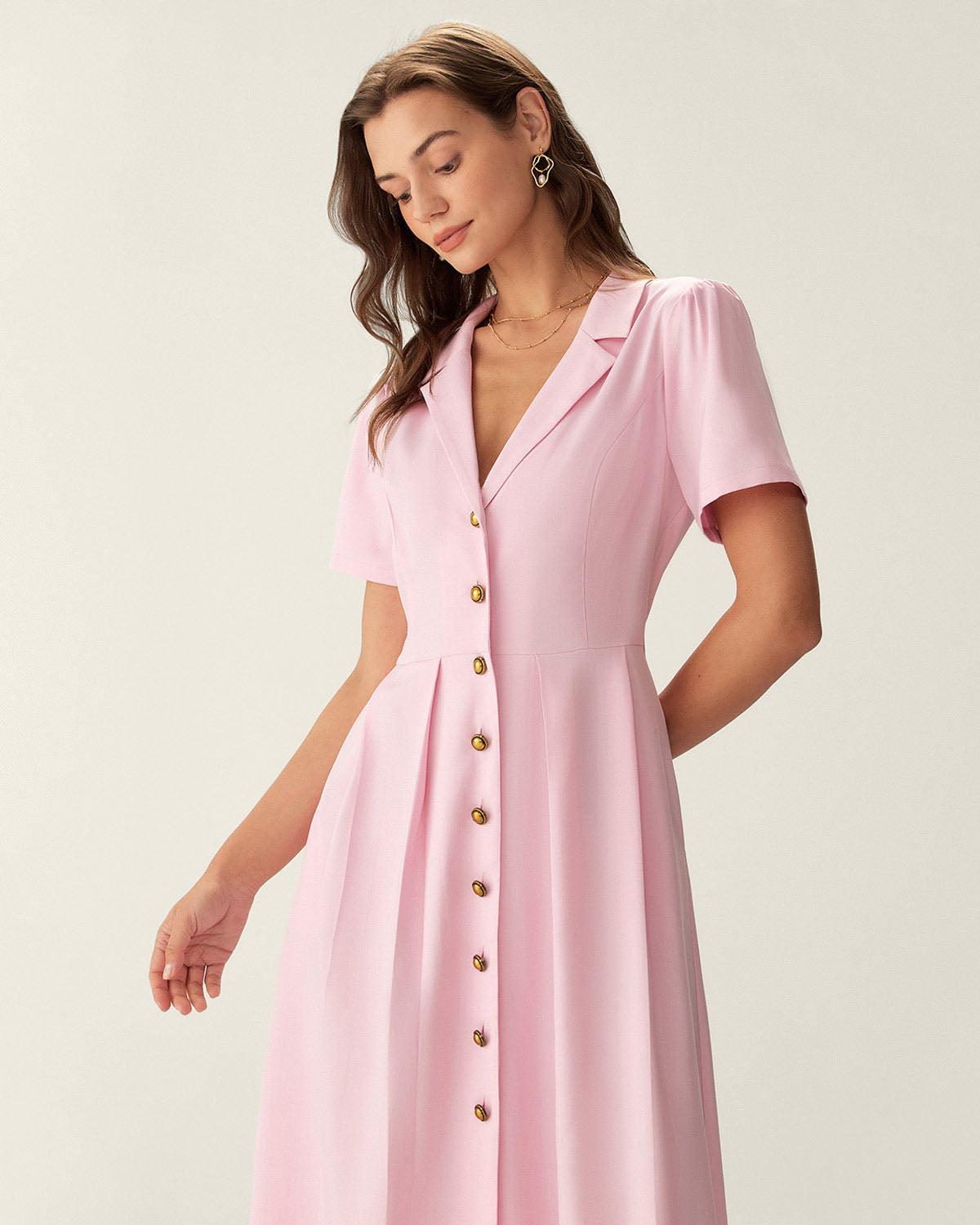 Pink V Neck Pleated Button Midi Dress Product Image