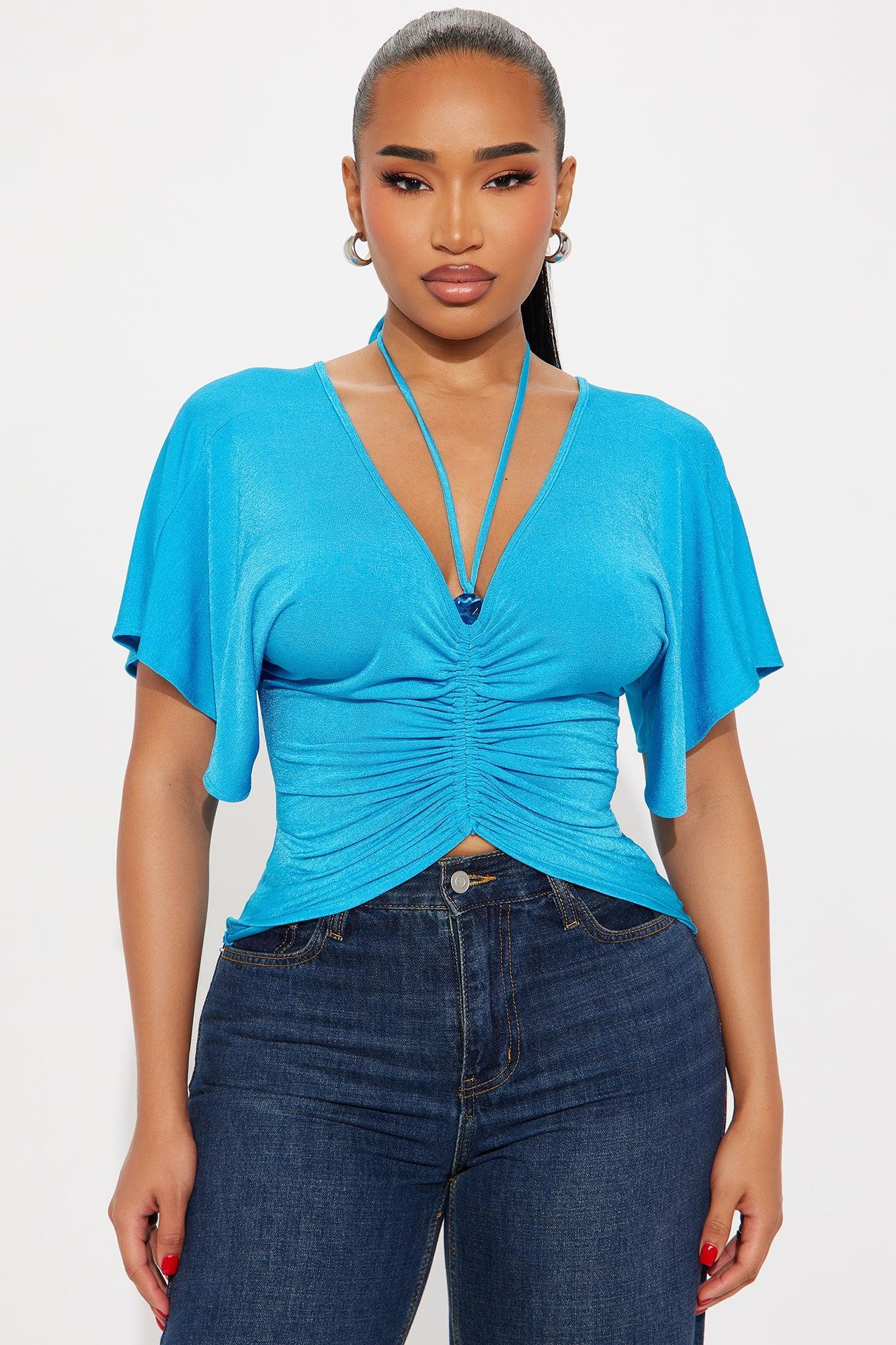 Vacation Dream Ruched Dolman Sleeve Top - Turquoise Product Image