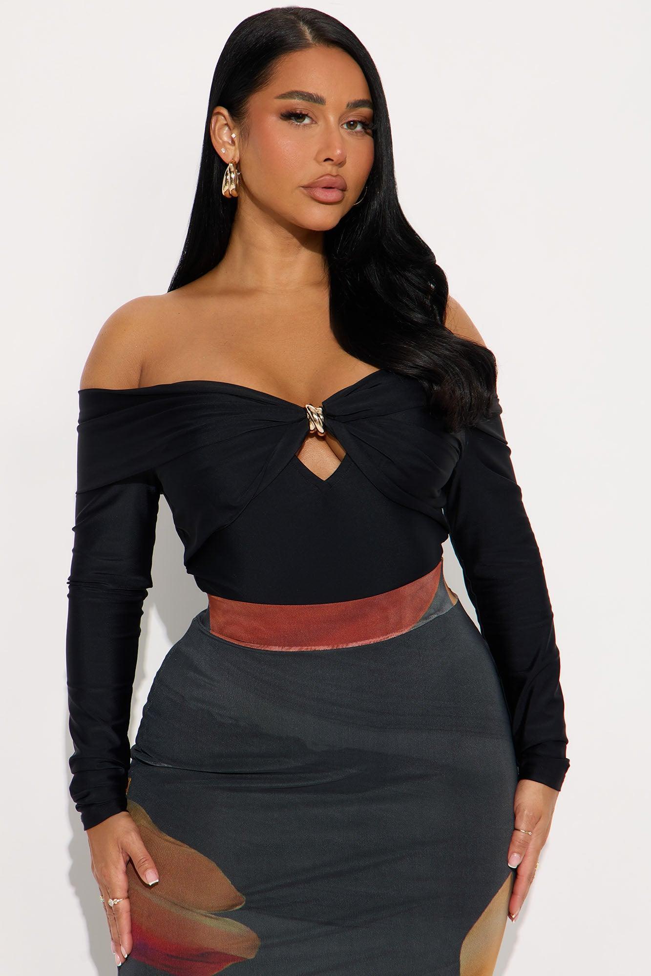 Sylvie Long Sleeve Off Shoulder Bodysuit - Black Product Image