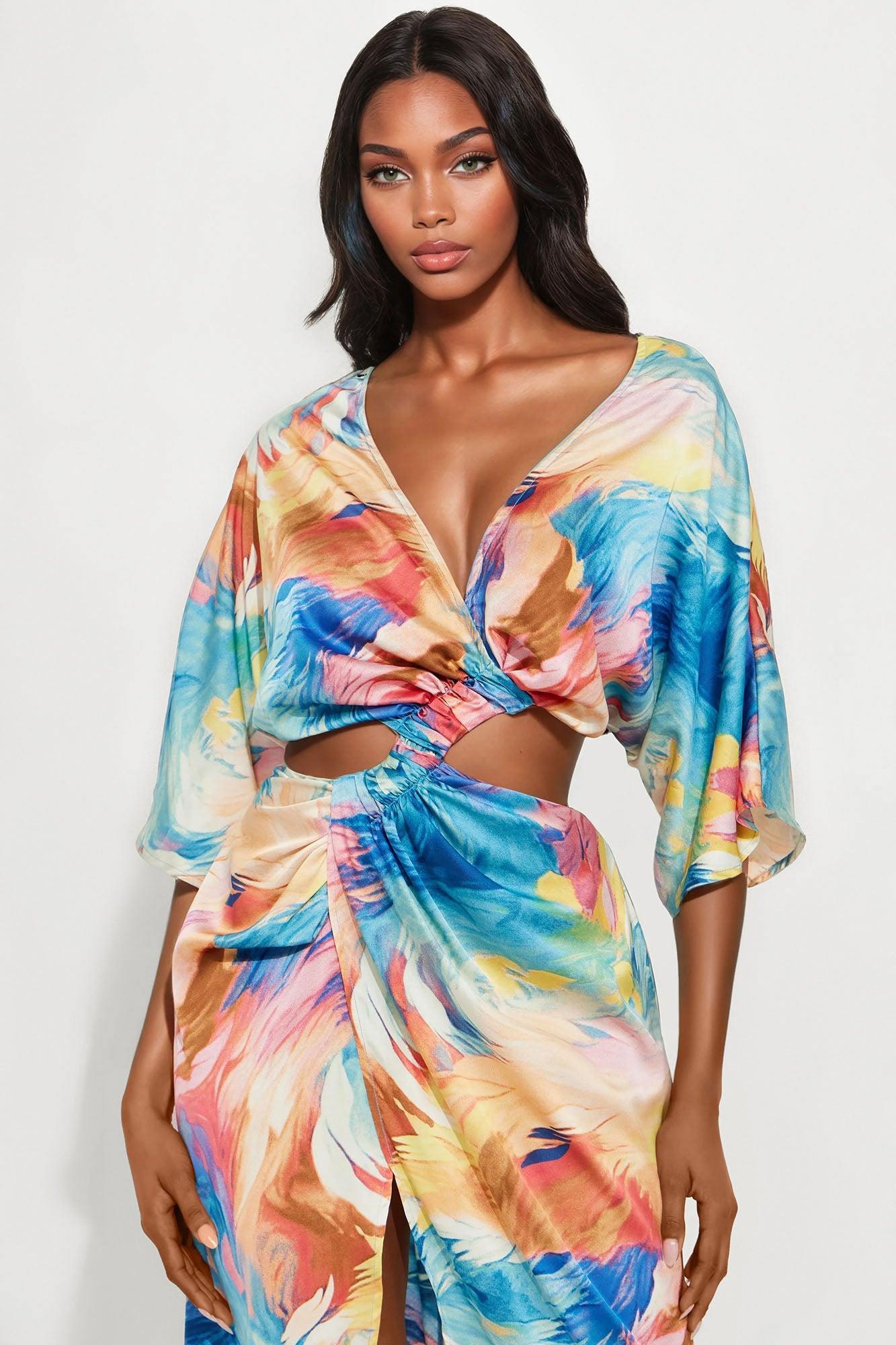 Janice Short Sleeve Satin Maxi Dress - Blue/combo Female Product Image