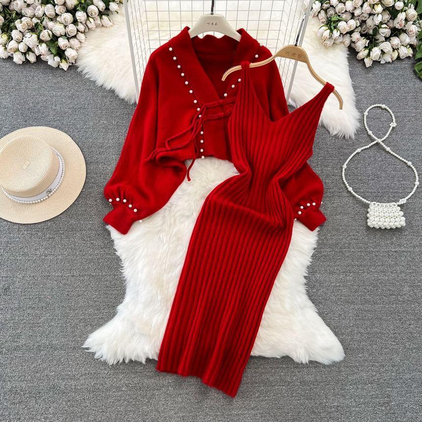 Set: Sleeveless V-Neck Plain Ribbed Knit Sheath Dress + Faux Pearl Cardigan Product Image