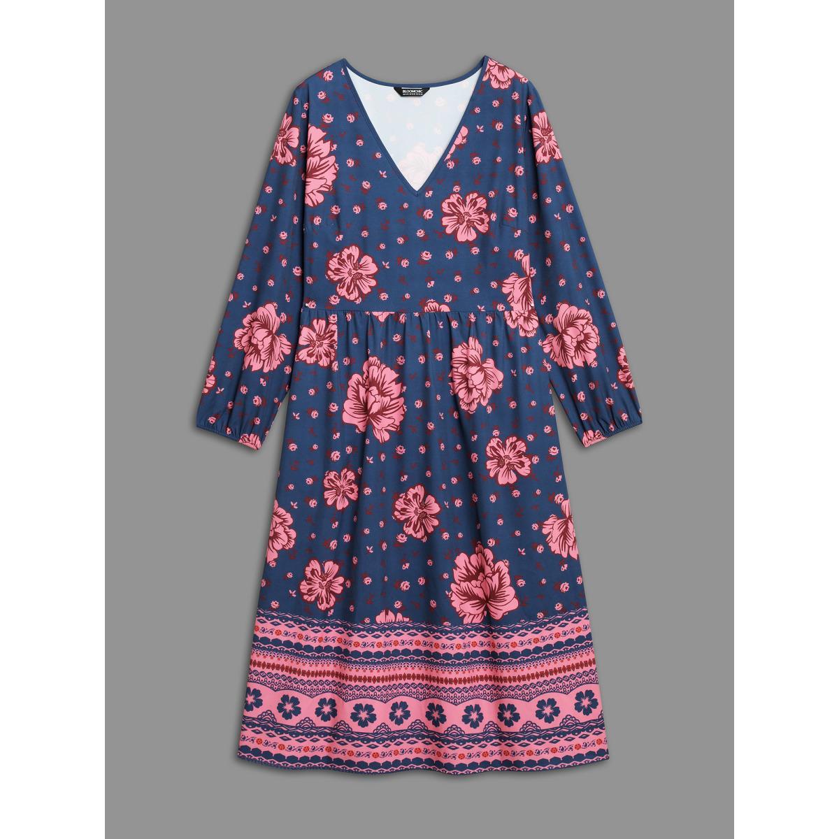 Plus Size Boho Print V Neck Elastic Waist Dress Midnight Women Resort Non V-neck Long Sleeve Curvy BloomChic 28/5X Product Image