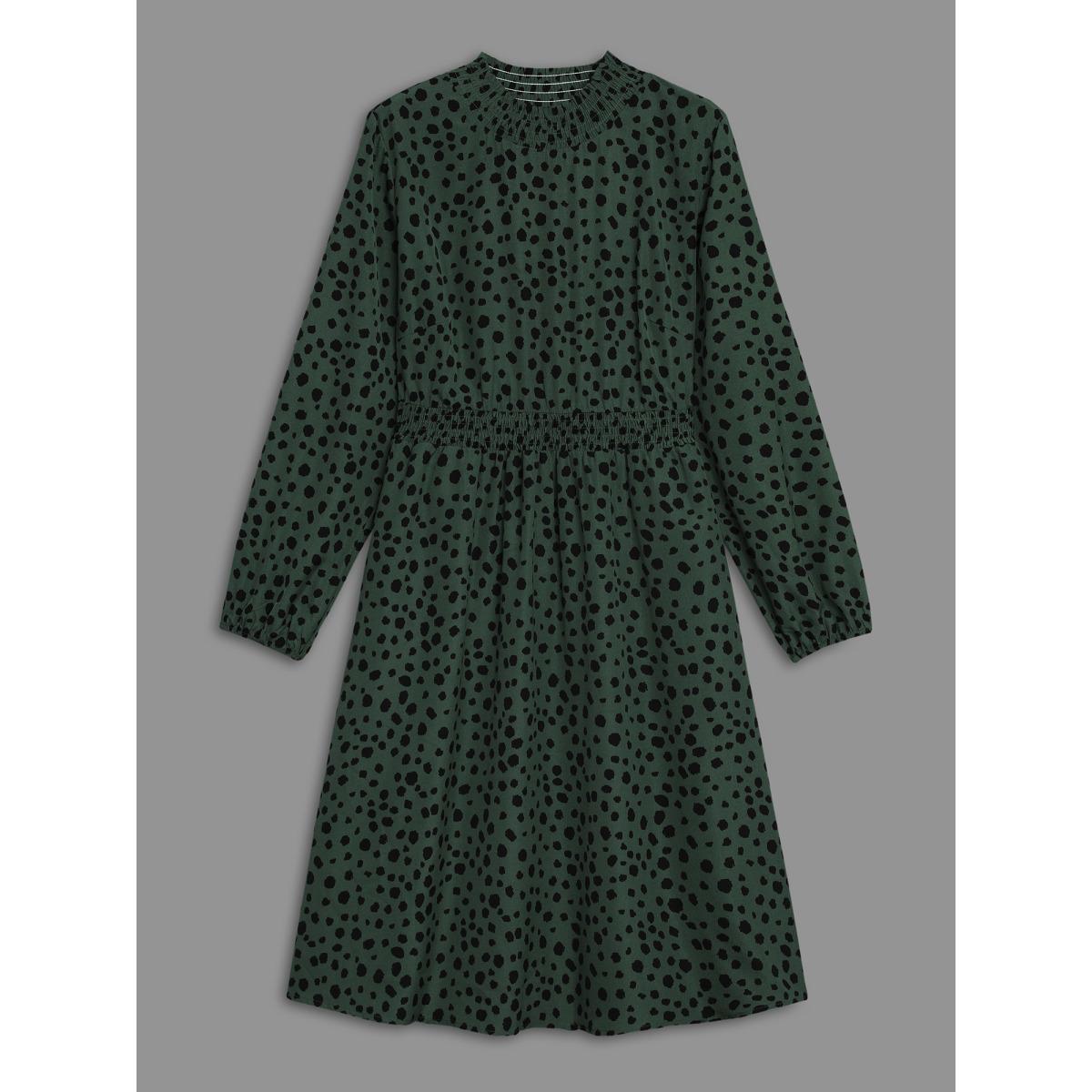 Plus Size Polka Dot Shirred Frill Trim Dress DarkGreen Women At the Office Frill Trim Mock Neck Long Sleeve Curvy BloomChic 26/4X Product Image