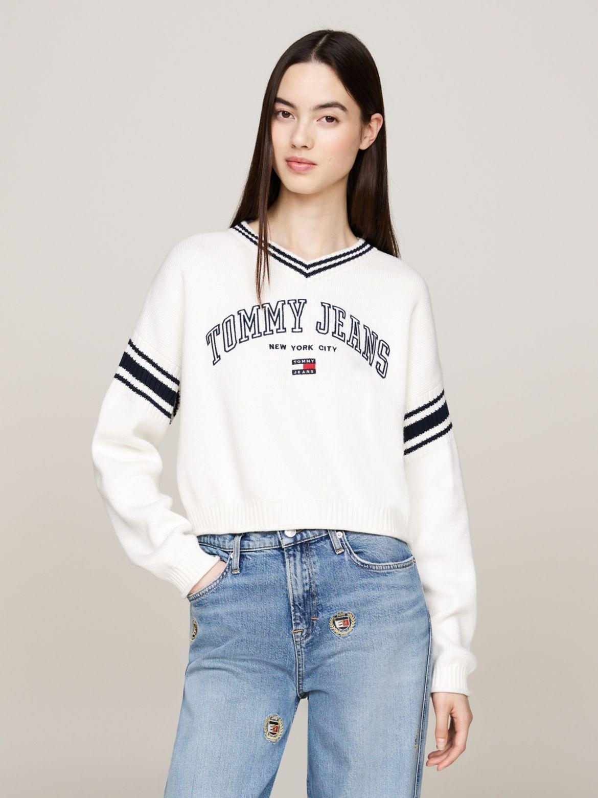 Tommy Jeans Women's Varsity V-Neck Cropped Sweater Product Image