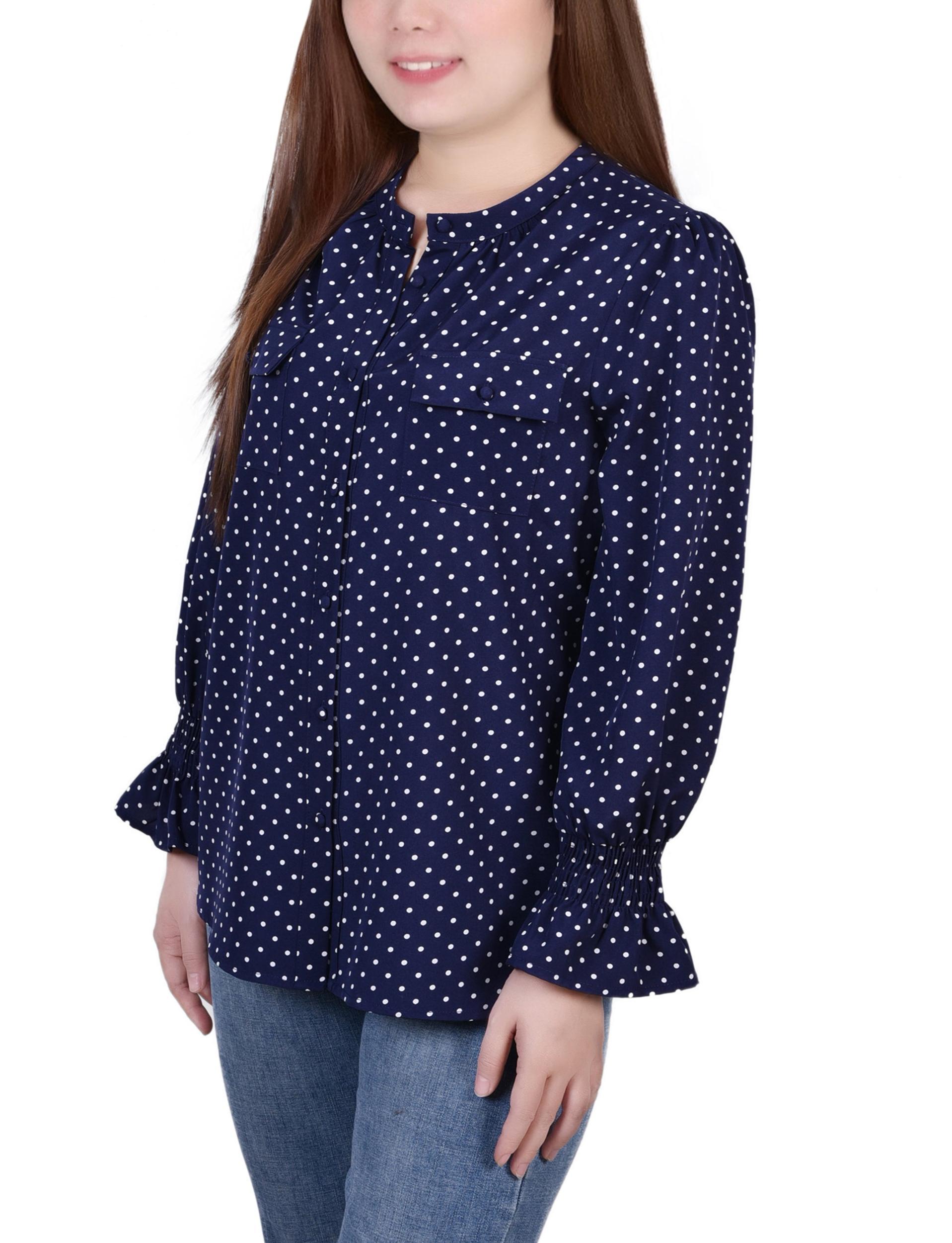 Blue Long Sleeve Button Front Blouse - Petite Product Image