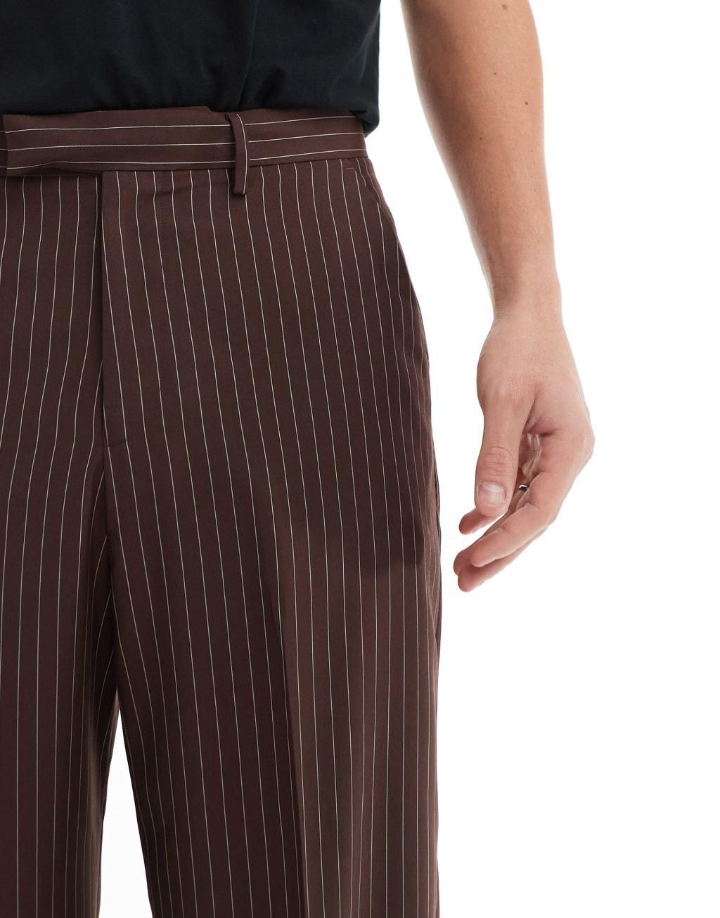 ASOS DESIGN wide leg pants in chocolate brown pinstripe Product Image