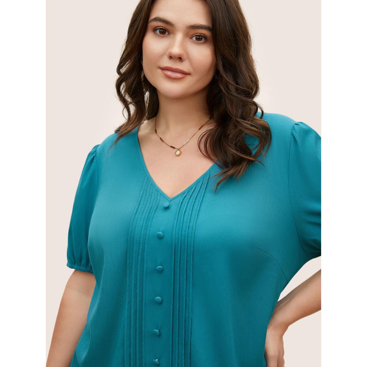 Plus Size Cerulean V Neck Button Detail Pleated Split Hem Blouse Women Casual Short sleeve V-neck Everyday Blouses BloomChic 10/M Product Image