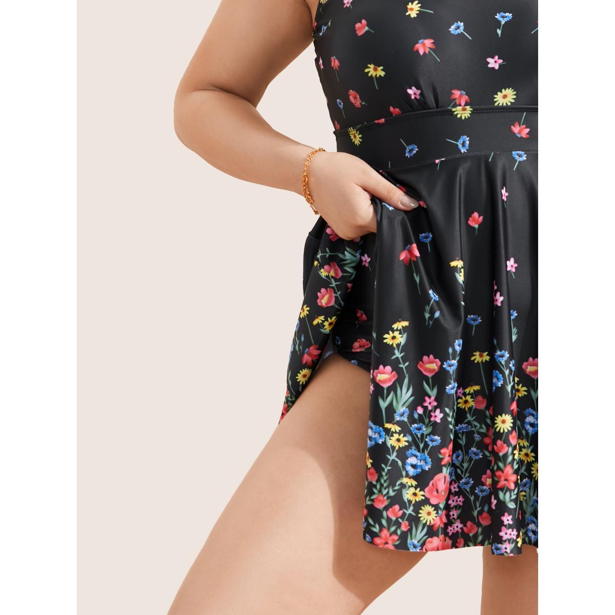 Plus Size Ditsy Floral Lined Spaghetti Strap Swim Dress Women's Swimwear Black Beach Bodycon U-neck High stretch Curve Swim Dresses BloomChic 12/L Product Image