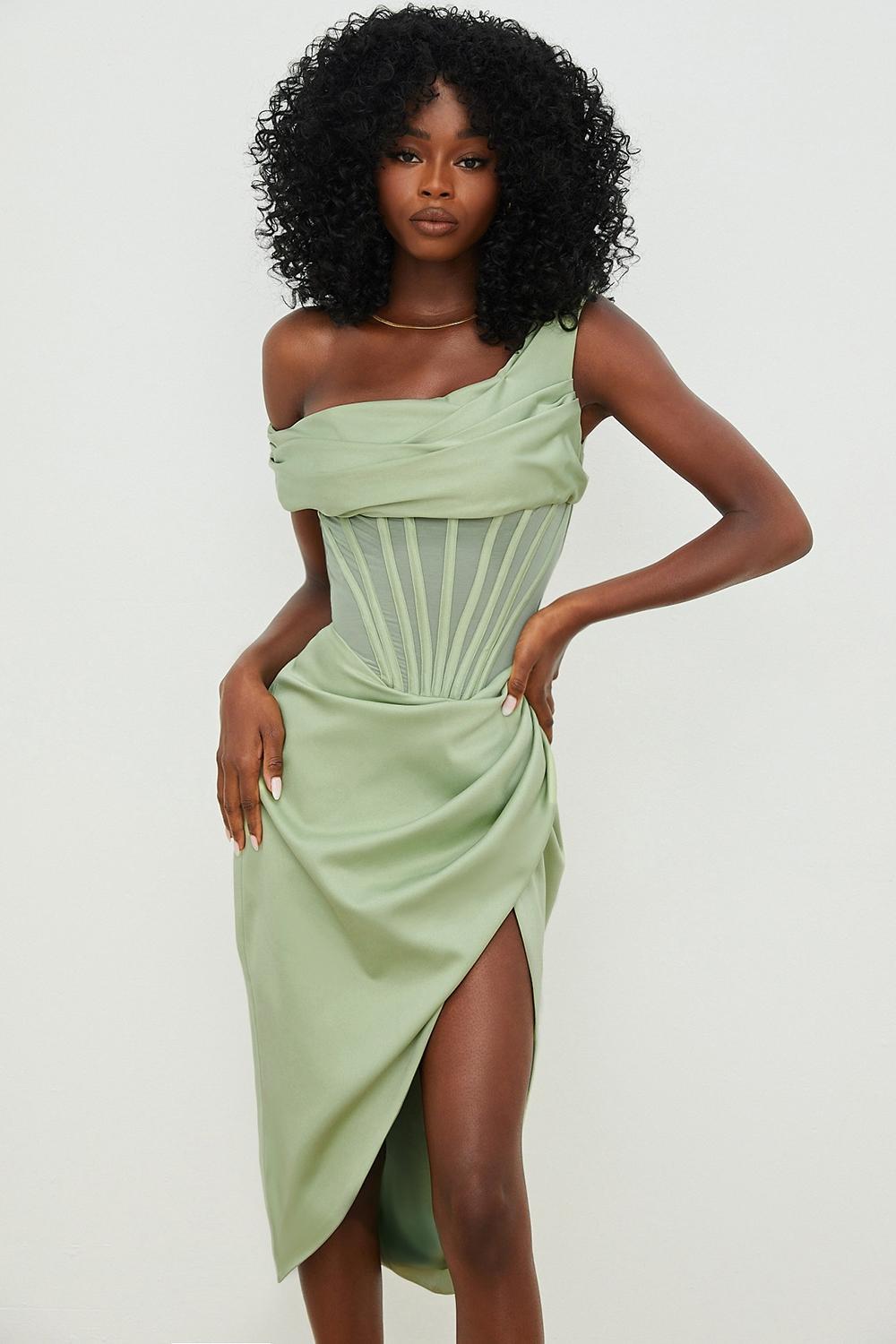 Lulu Pistachio Asymmetric Drape Midi Corset Dress Product Image
