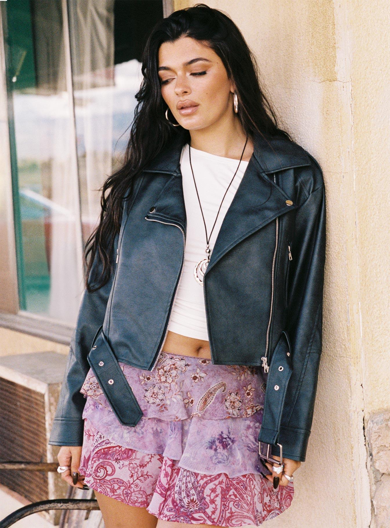 Face The Wind Faux Leather Jacket Grey Product Image