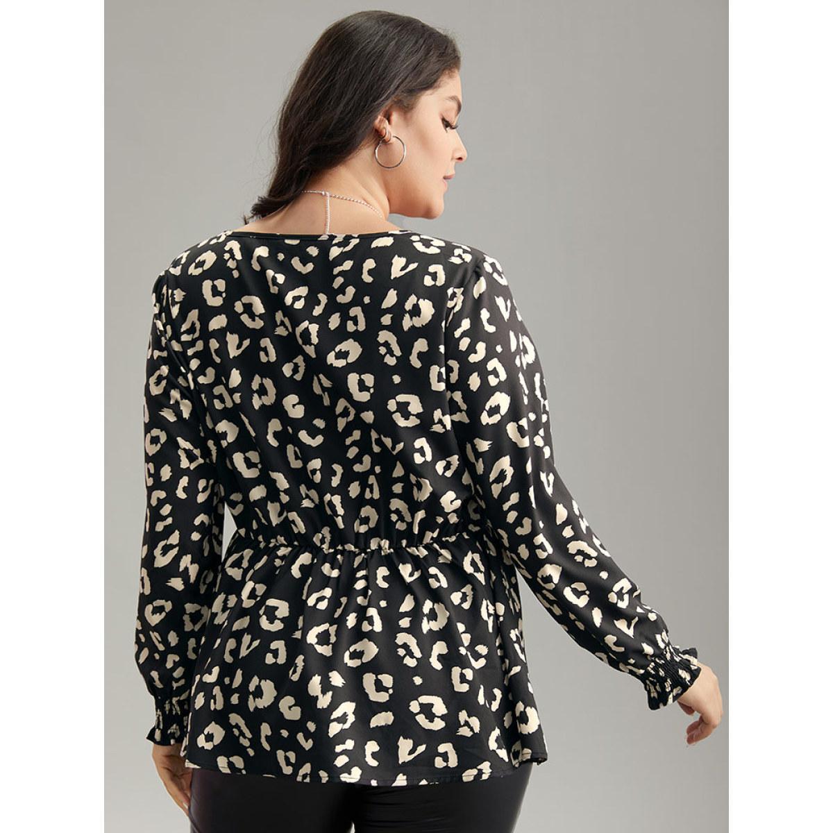 Plus Size Black Leopard Print Crossover Ruched Shirred Blouse Women Elegant Long Sleeve V-neck Dailywear Blouses BloomChic 22-24/3X Product Image