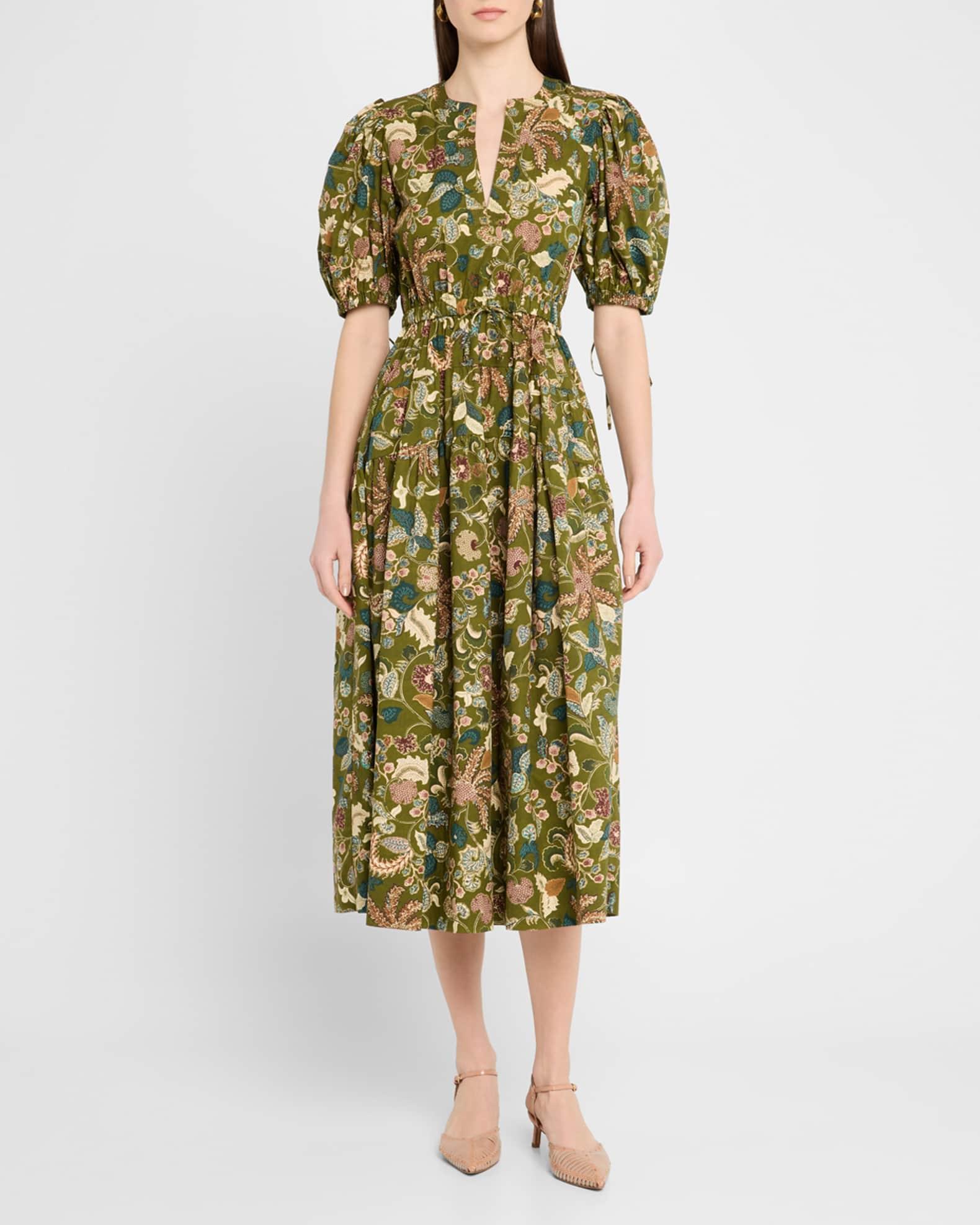 Adriana Puff-Sleeve V-Neck Midi Dress Product Image