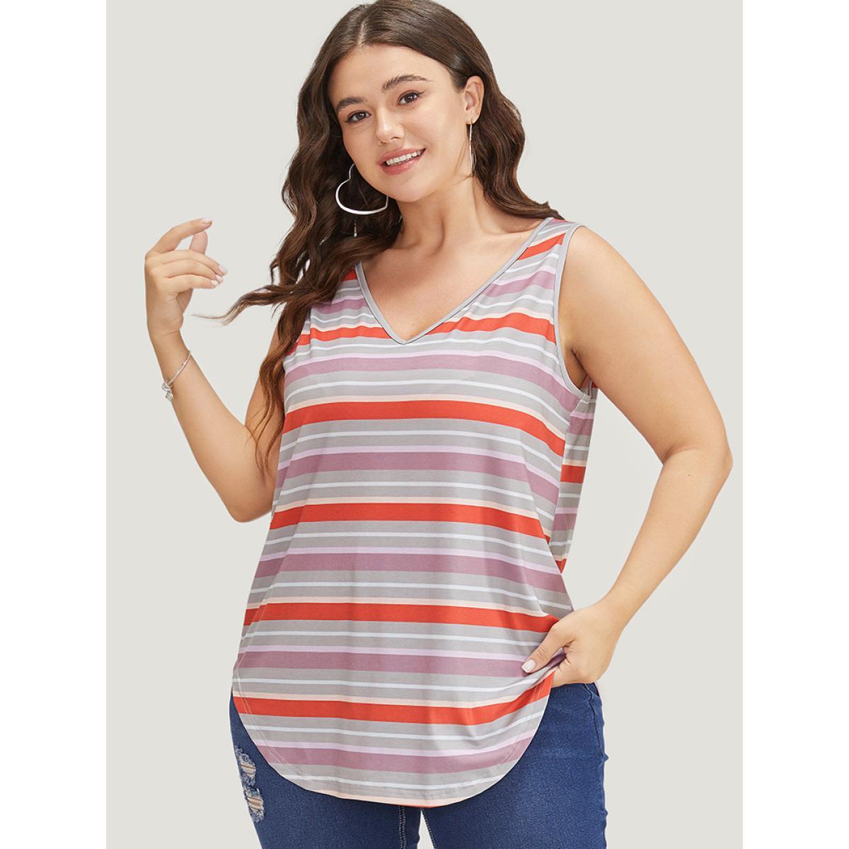Plus Size Striped Contrast V Neck Arc Hem Tank Top Women Multicolor Casual Contrast V-neck Dailywear Tank Tops Camis BloomChic 26/4X Product Image