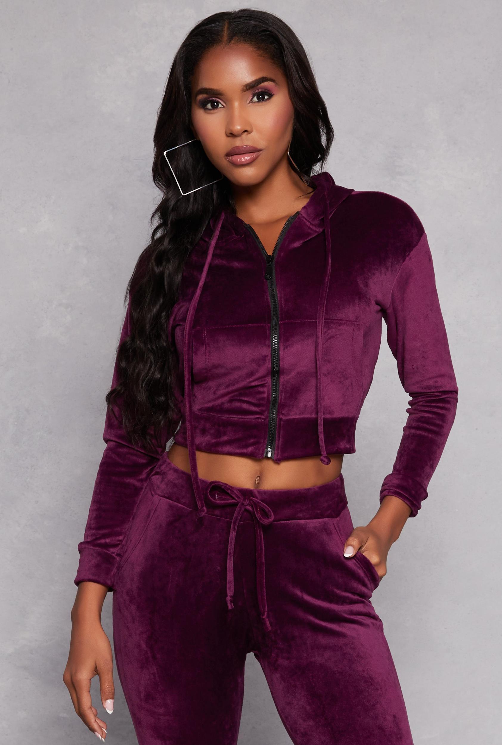 Womens Solid Velour Zip Front Cropped Hoodie Product Image