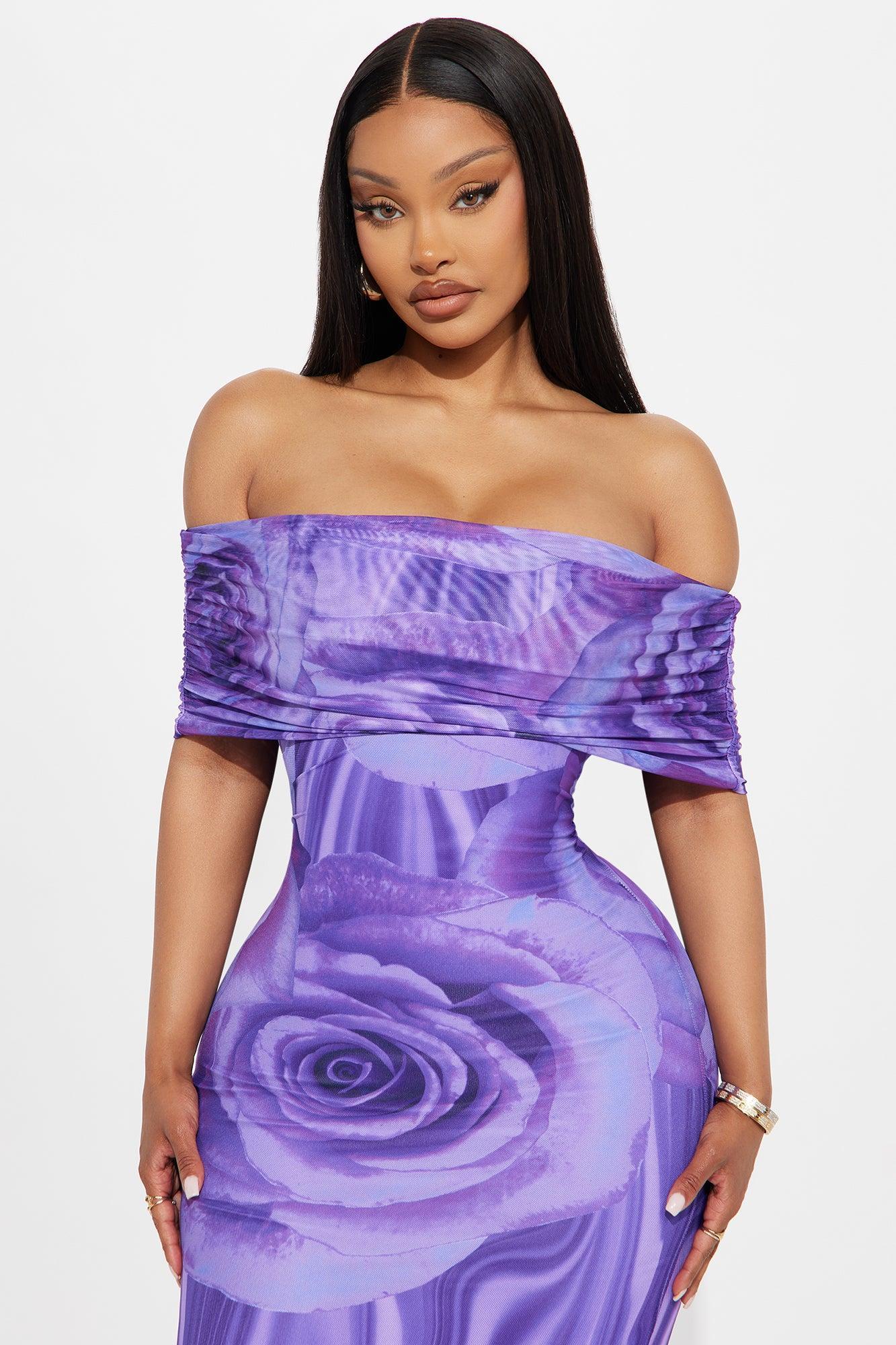Rosey Mesh Floral Midi Dress - Purple Product Image