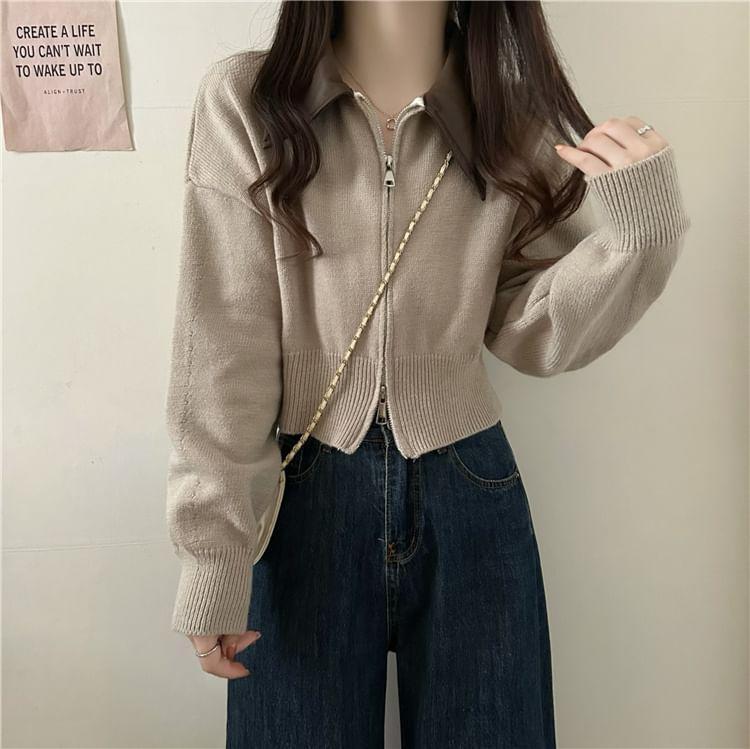 Contrast Faux Leather Collar Zip Cardigan Product Image