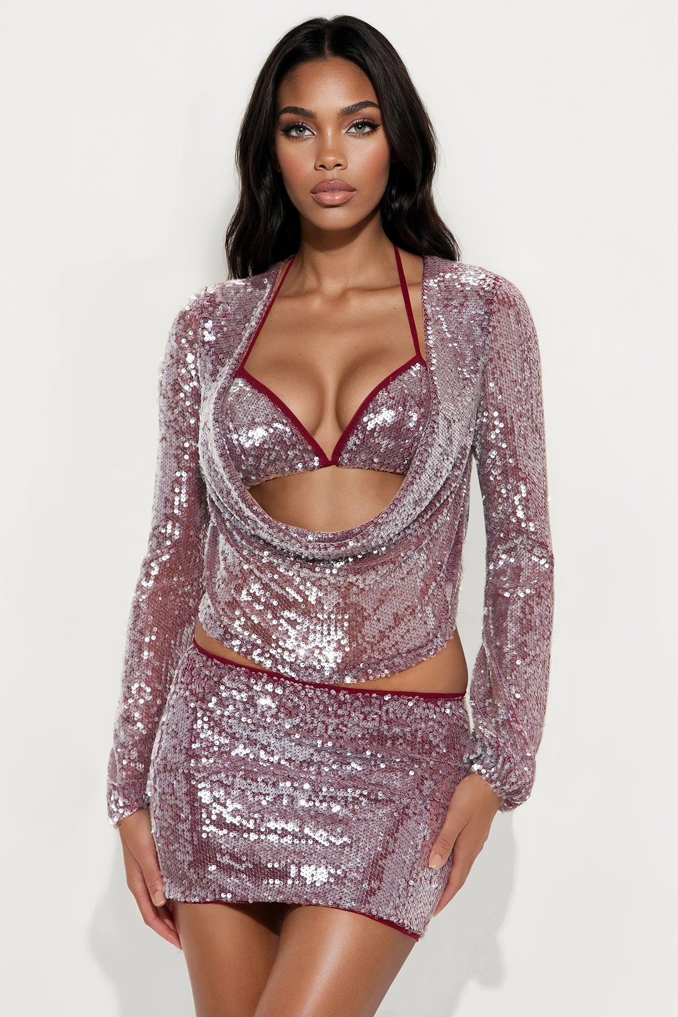 Glistening Goddess Sequin 3 Piece Skirt Set - Burgundy Product Image