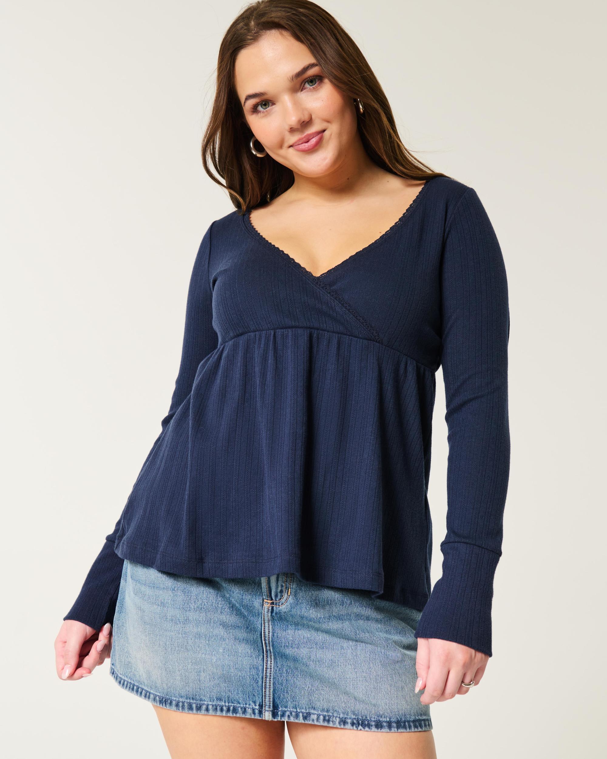 Easy Long-Sleeve Pointelle Babydoll Top Product Image