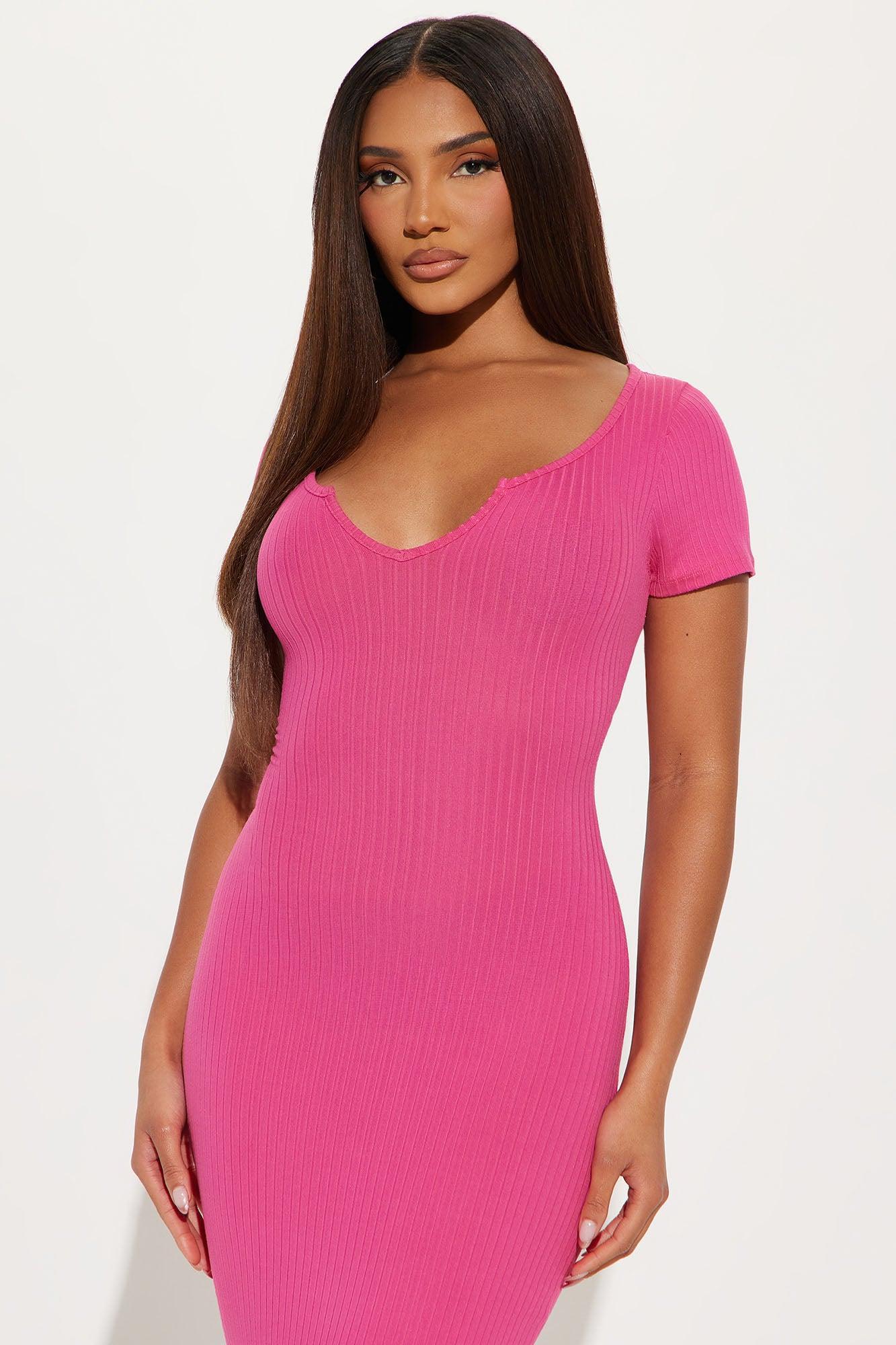 Katie Ribbed Midi Dress - Hot Pink Product Image