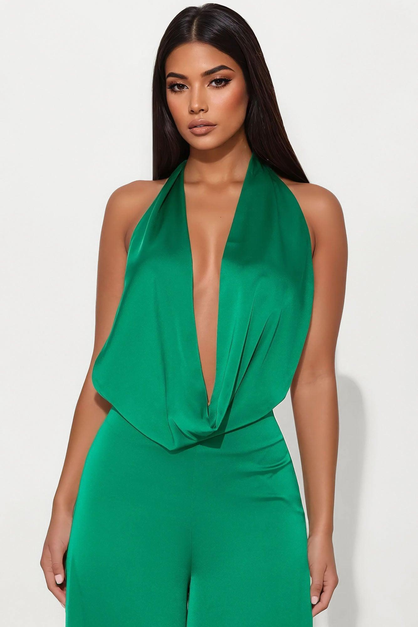 Sun and Sips Solid Satin Jumpsuit - Green Product Image