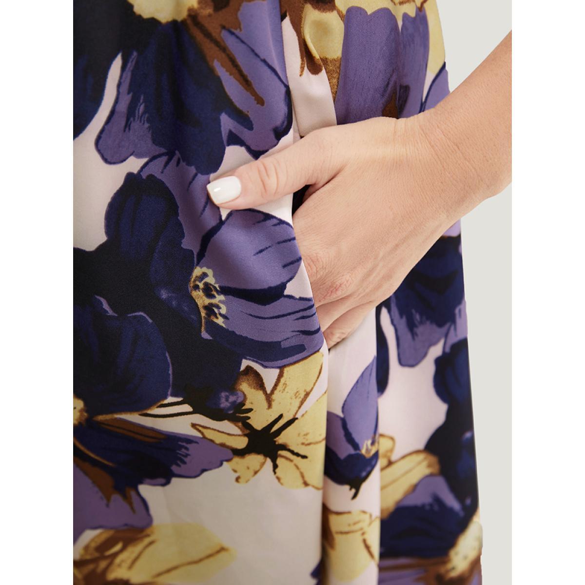 Plus Size Floral Ruffle Hem Pocket Shirred Cami Dress Mauve Women Elegant Adjustable Straps Spaghetti Strap Sleeveless Curvy Midi Dress BloomChic 28/5X Product Image