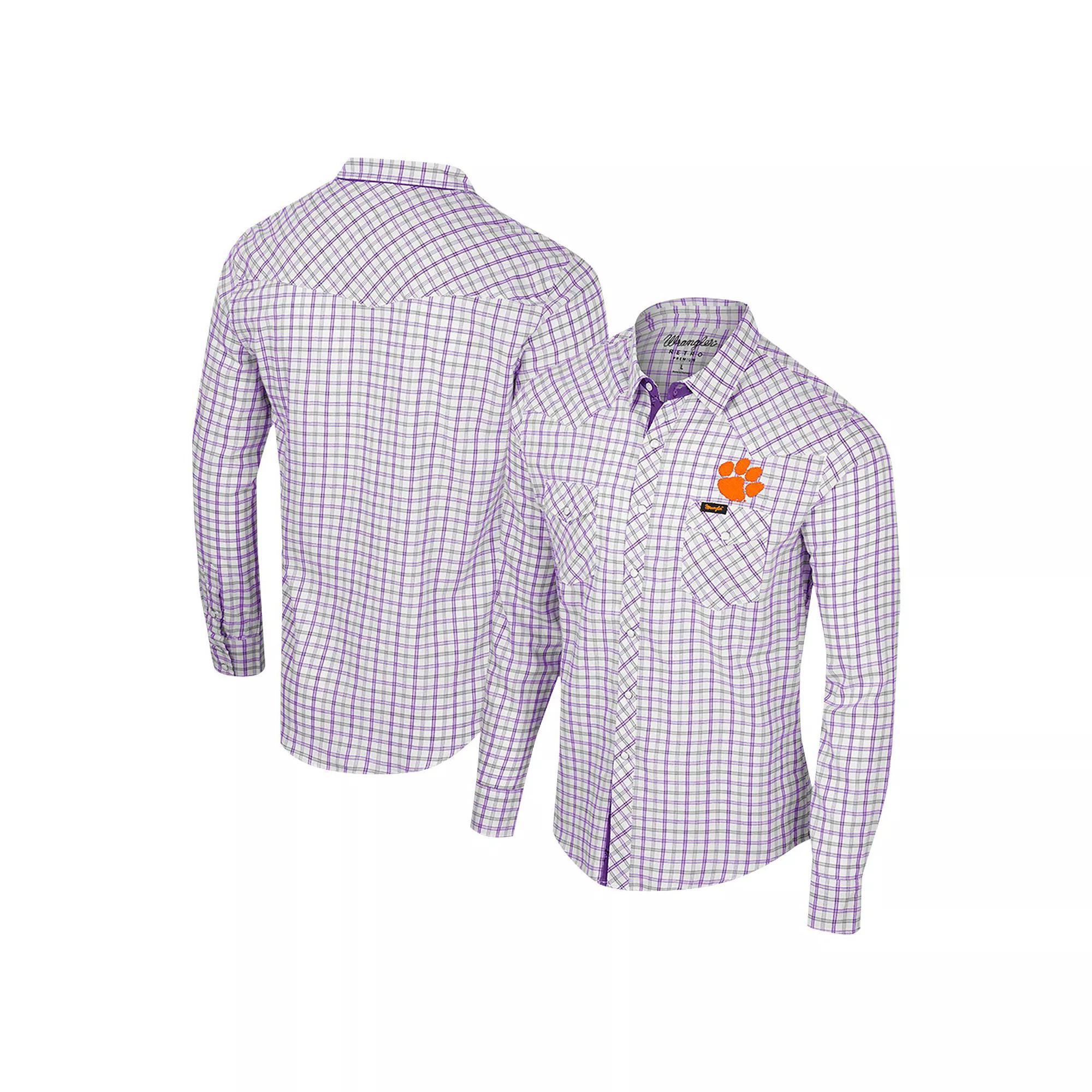 Men's Colosseum x Wrangler White Clemson Tigers Plaid Window Pane Long Sleeve Full-Snap Shirt, Size: XXL Product Image